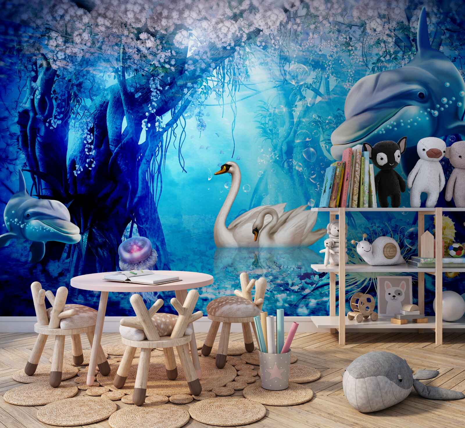 Fototapeta Labute a delfíny pod vodou