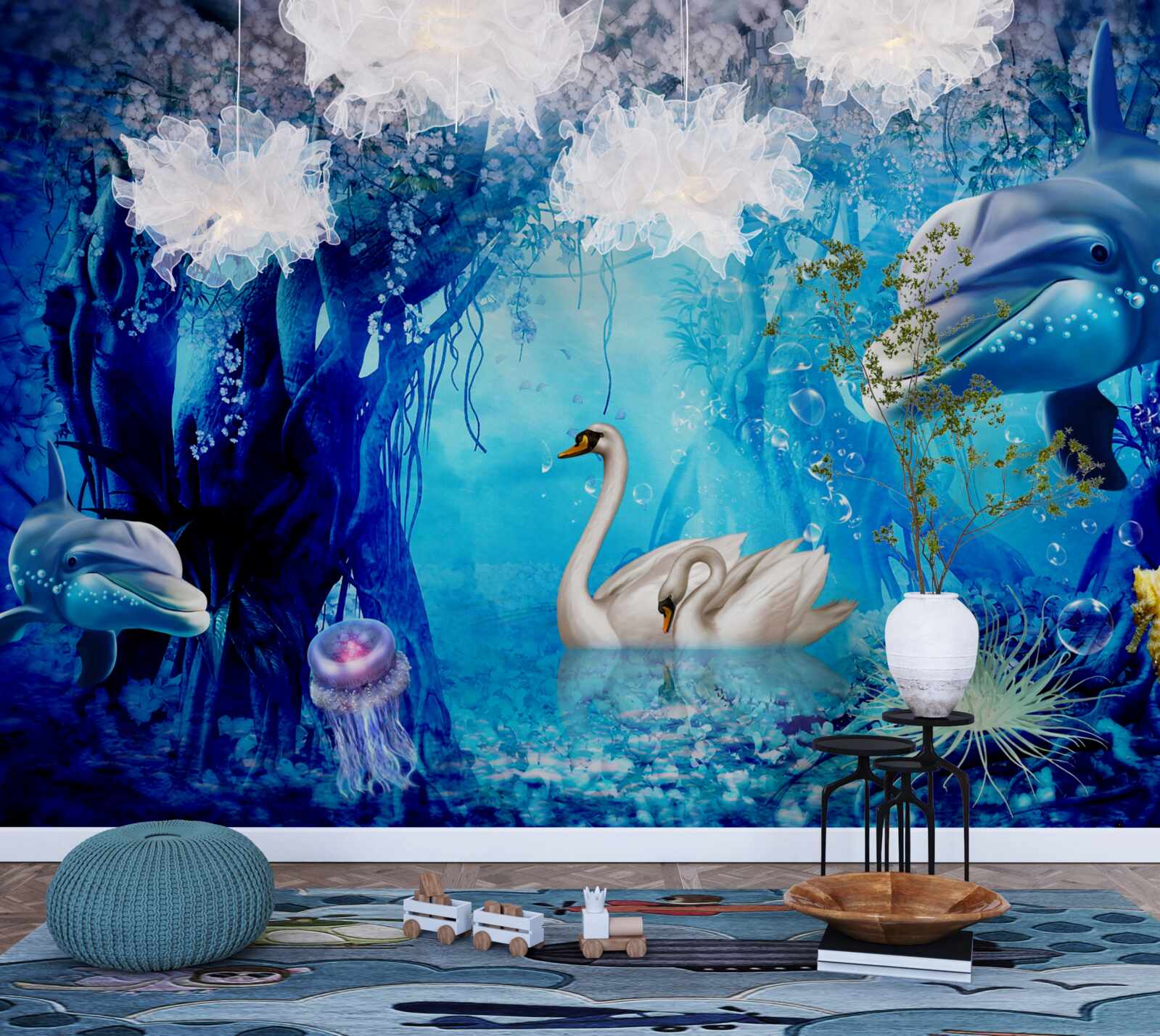 Fototapeta Labute a delfíny pod vodou