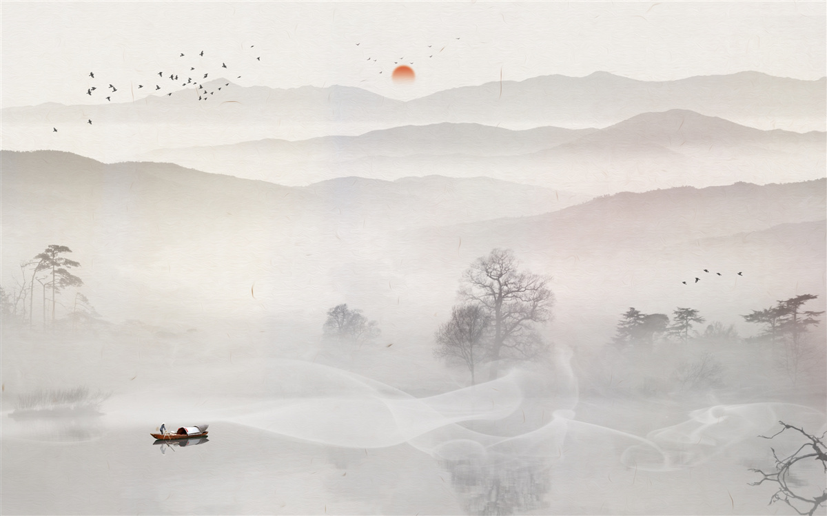 Fototapeta ranné svitanie a osamelý muž v člne