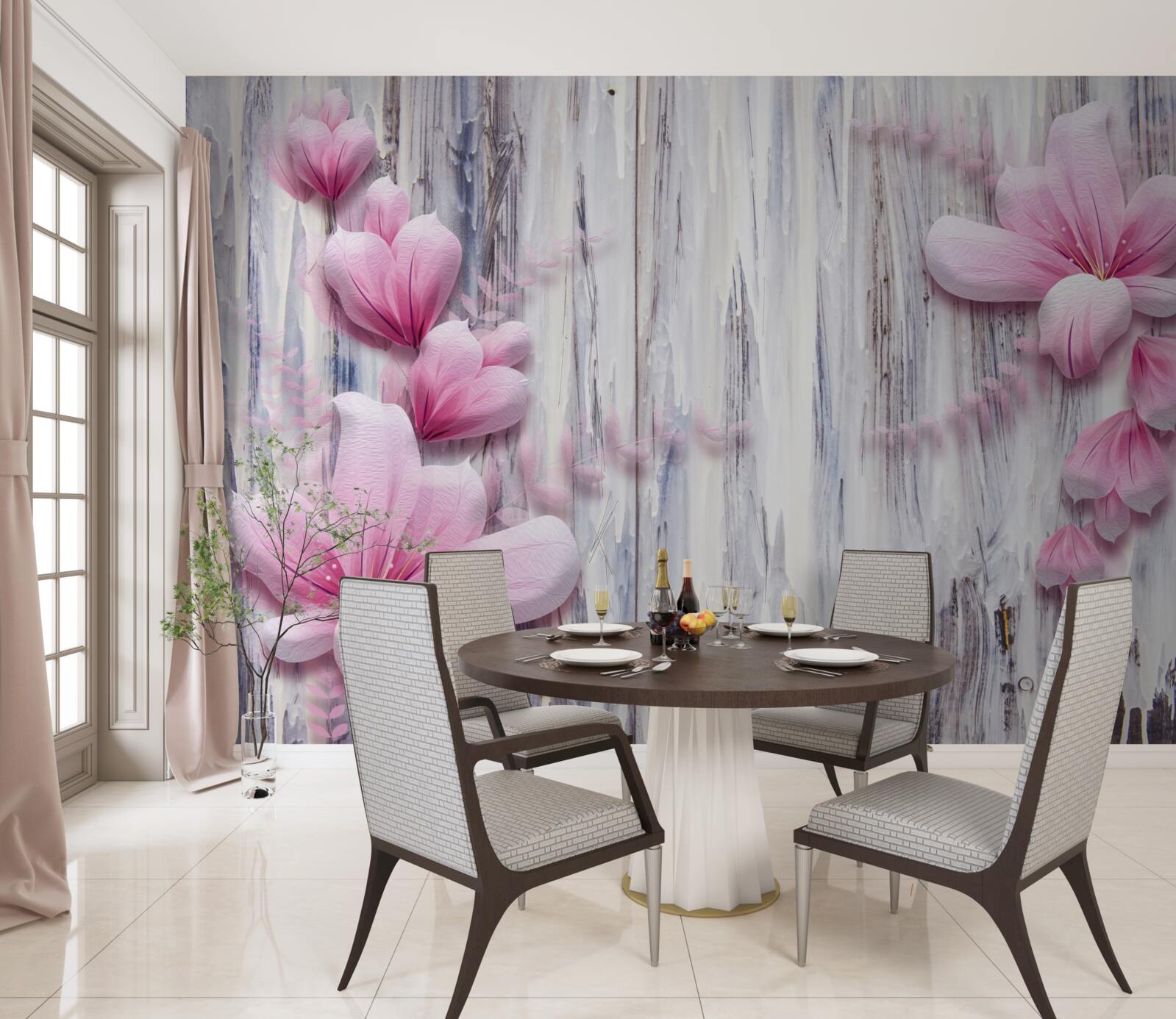 Fototapeta Ružové kvety na stene v rôznych farbách