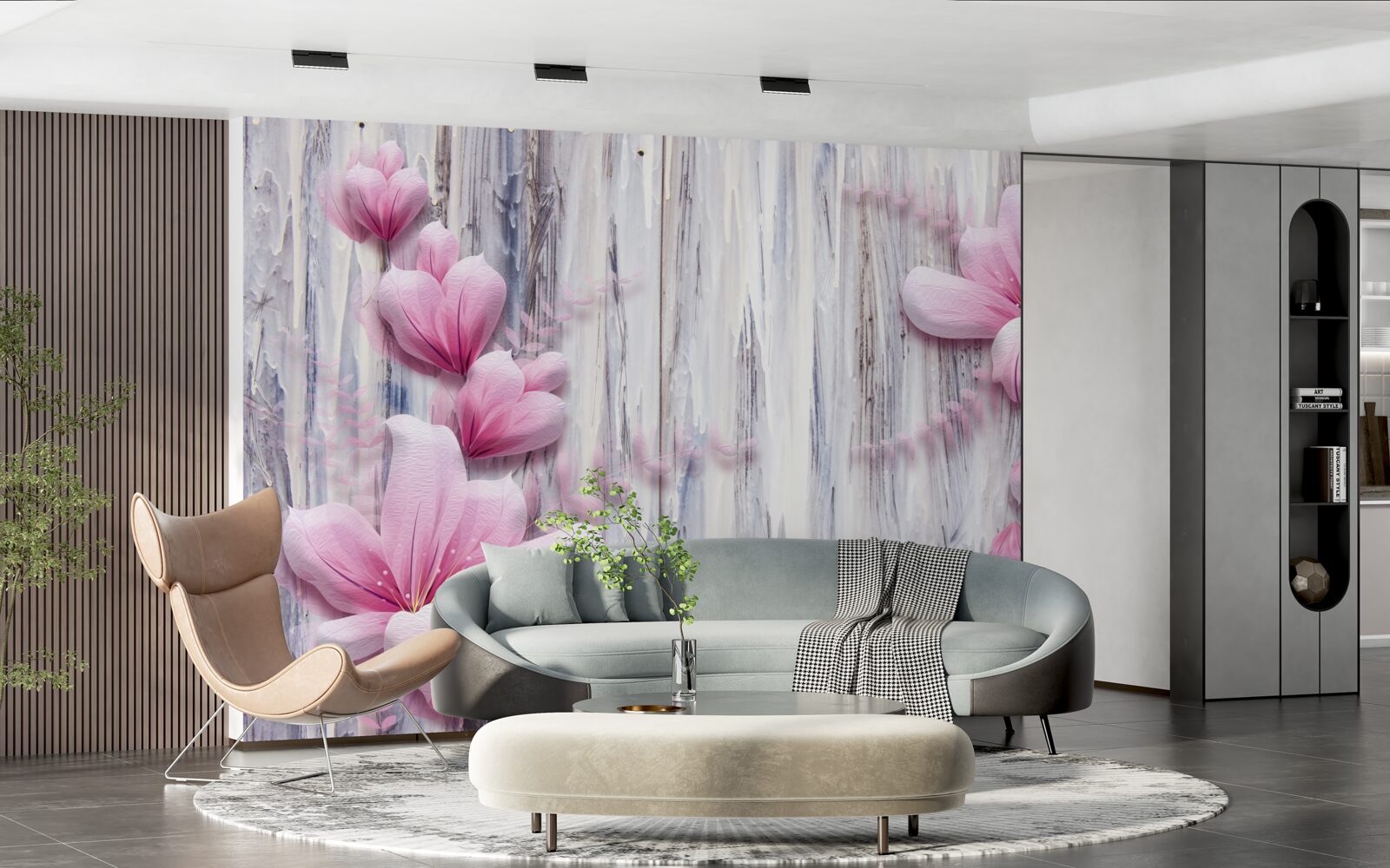 Fototapeta Ružové kvety na stene v rôznych farbách