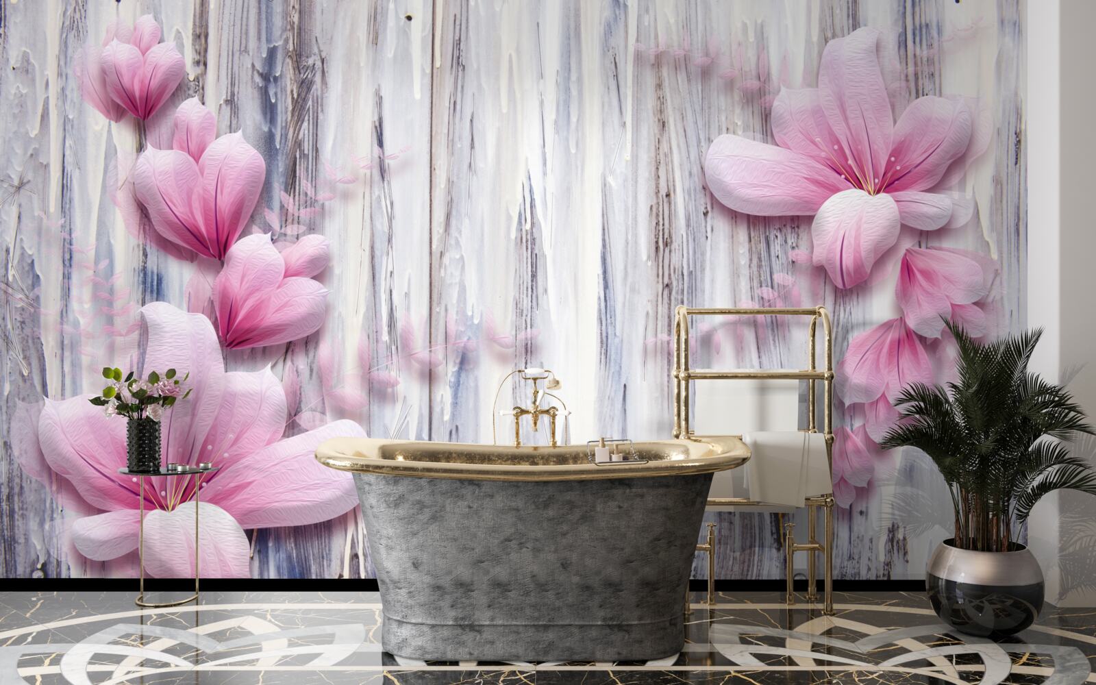 Fototapeta Ružové kvety na stene v rôznych farbách