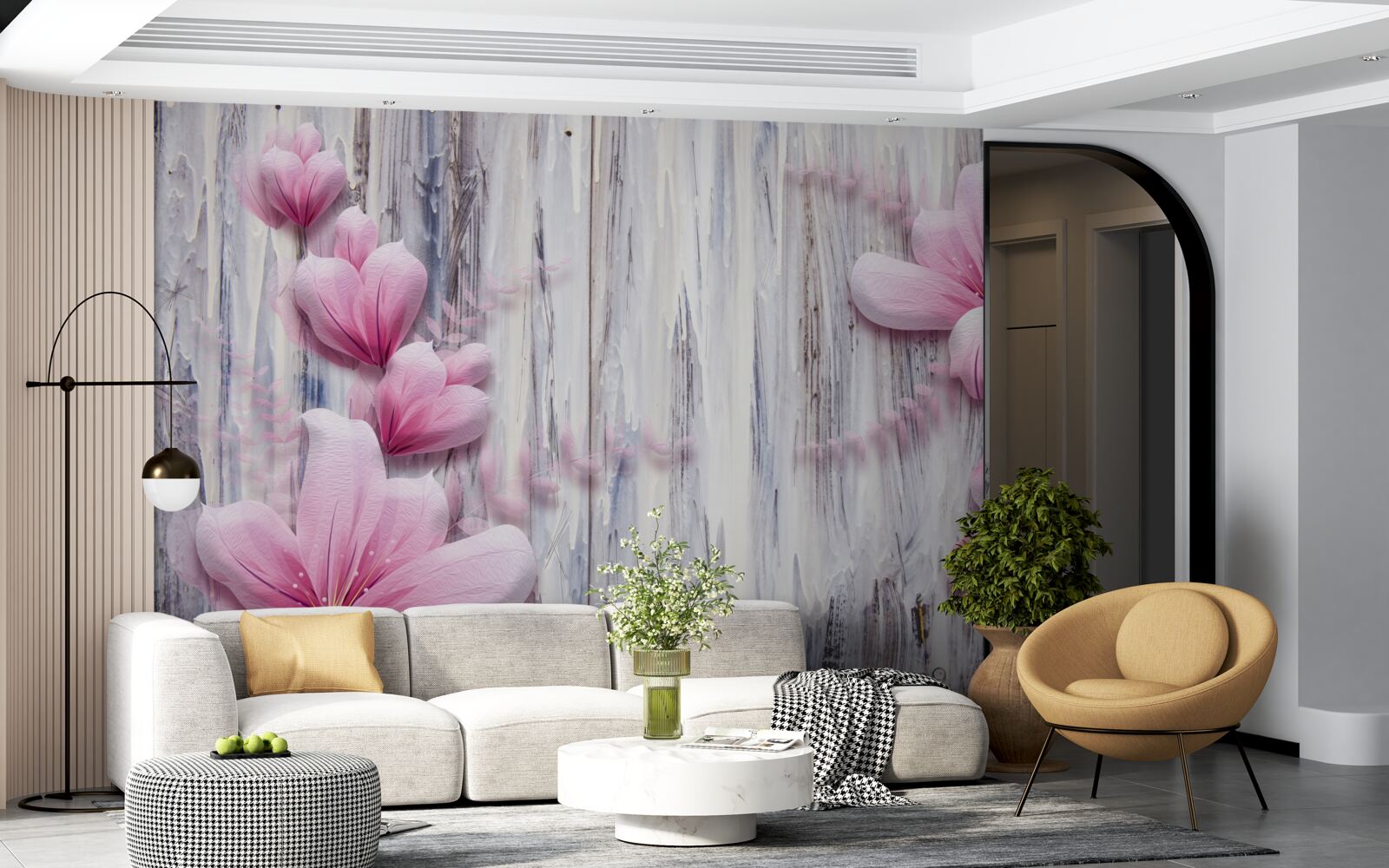 Fototapeta Ružové kvety na stene v rôznych farbách