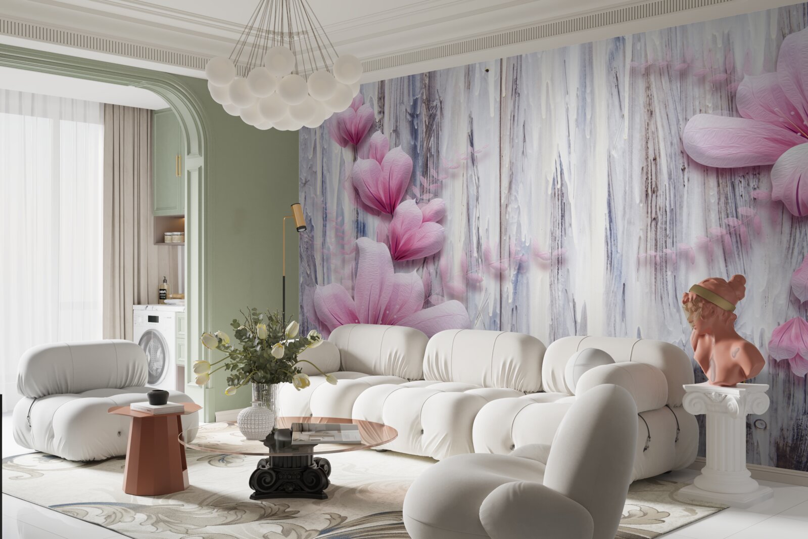 Fototapeta Ružové kvety na stene v rôznych farbách