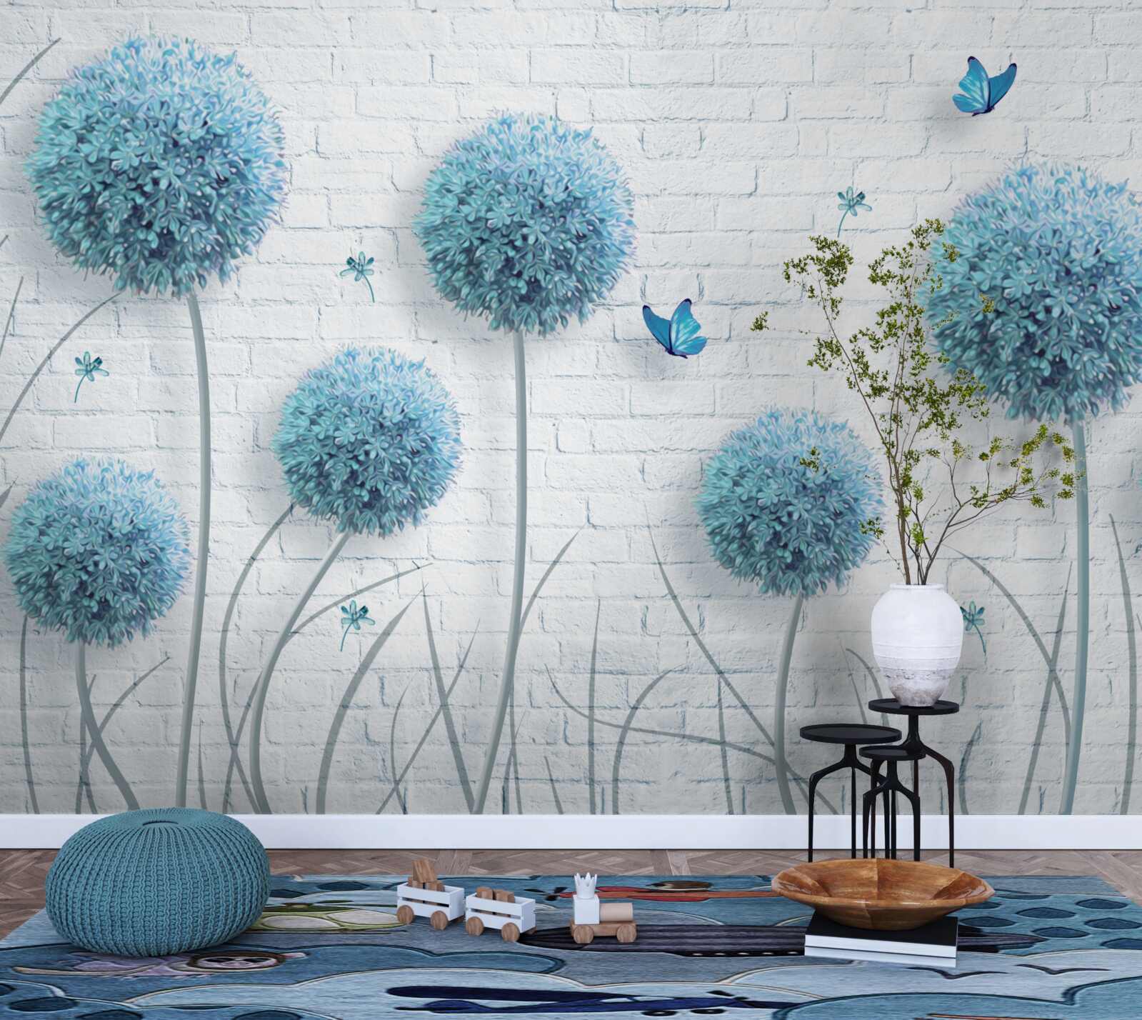 Fototapeta modré okrúhle kvety na bielom stene