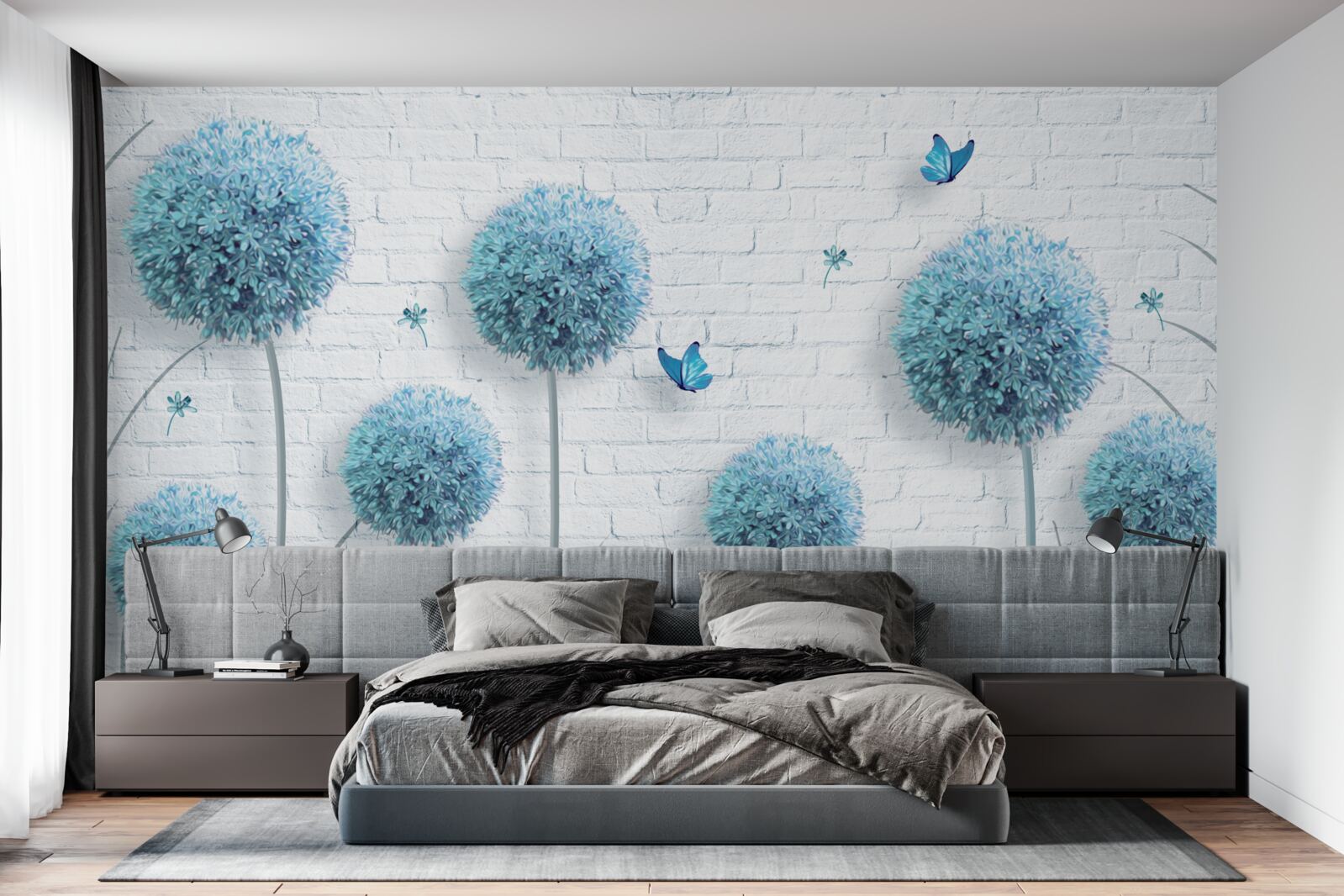 Fototapeta modré okrúhle kvety na bielom stene