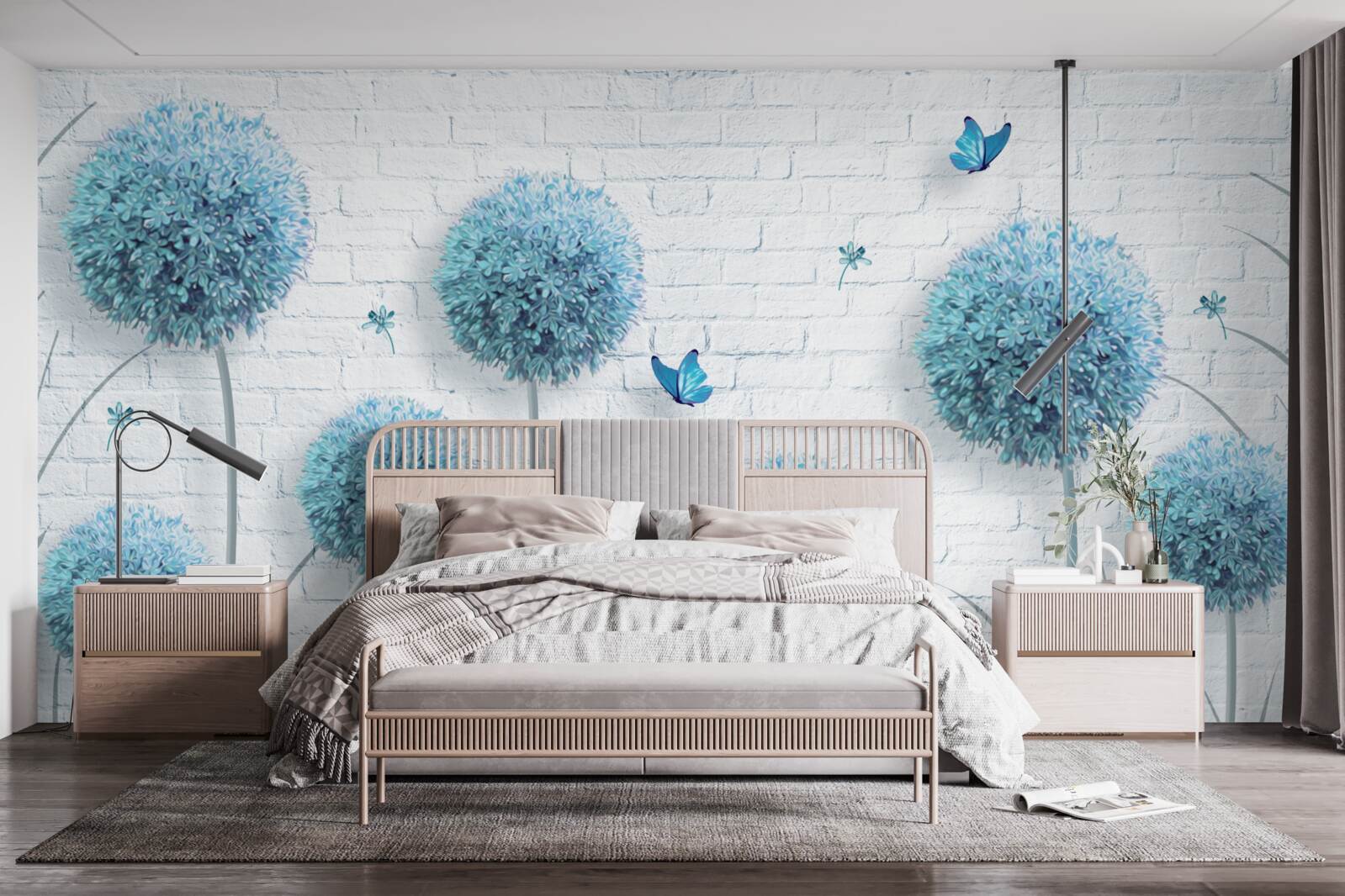 Fototapeta modré okrúhle kvety na bielom stene