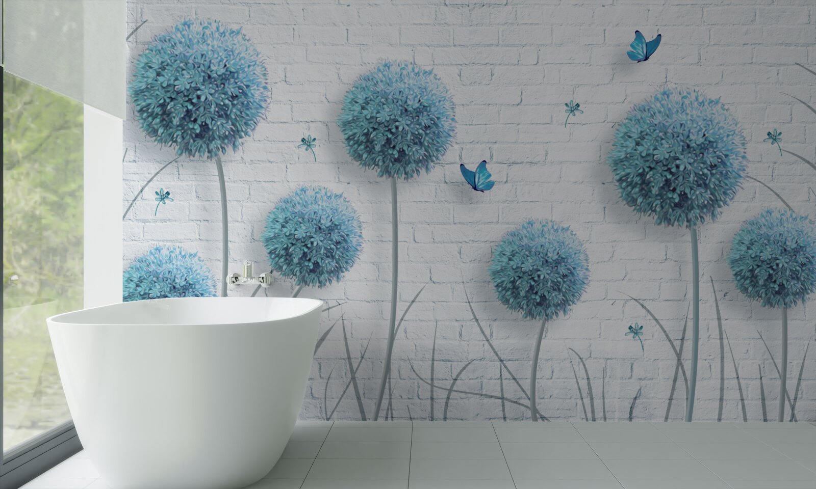 Fototapeta modré okrúhle kvety na bielom stene