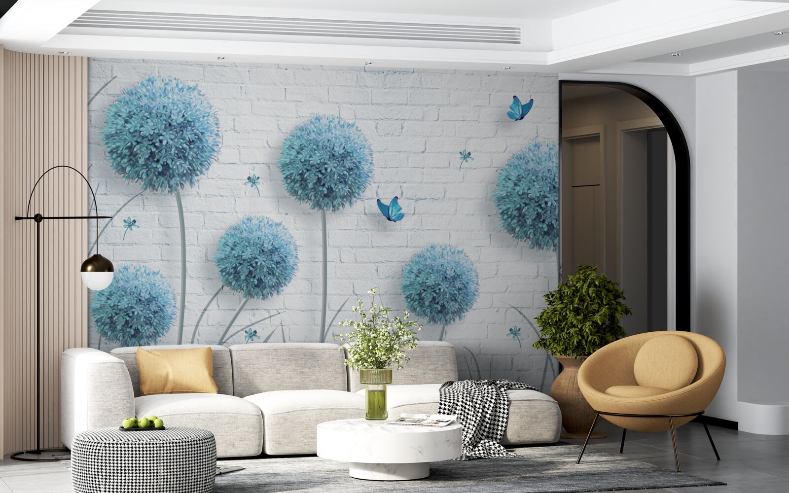 Fototapeta modré okrúhle kvety na bielom stene