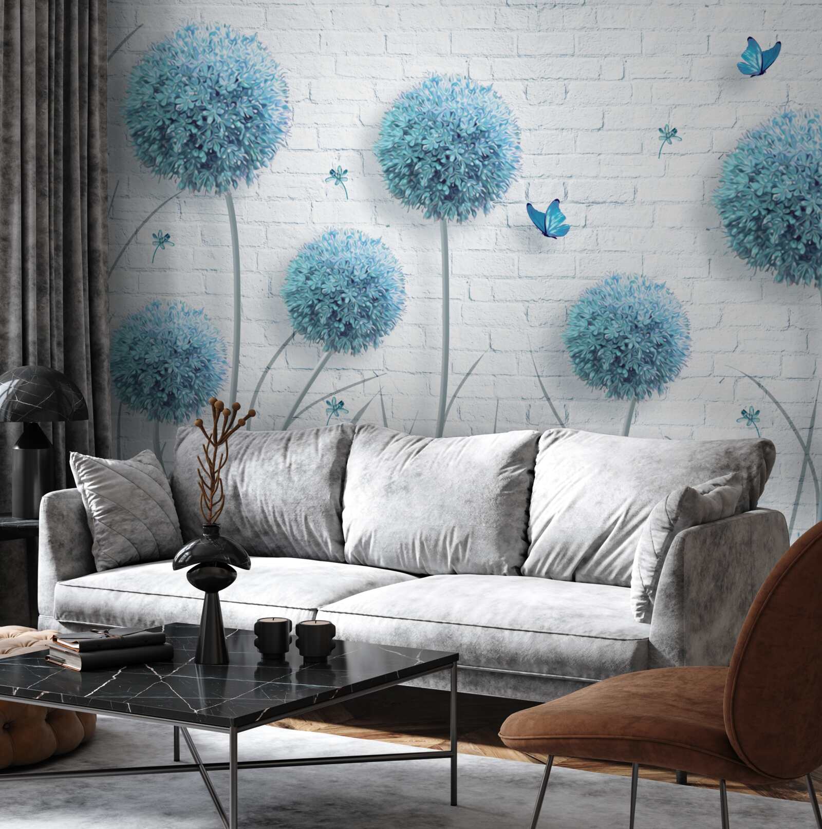 Fototapeta modré okrúhle kvety na bielom stene