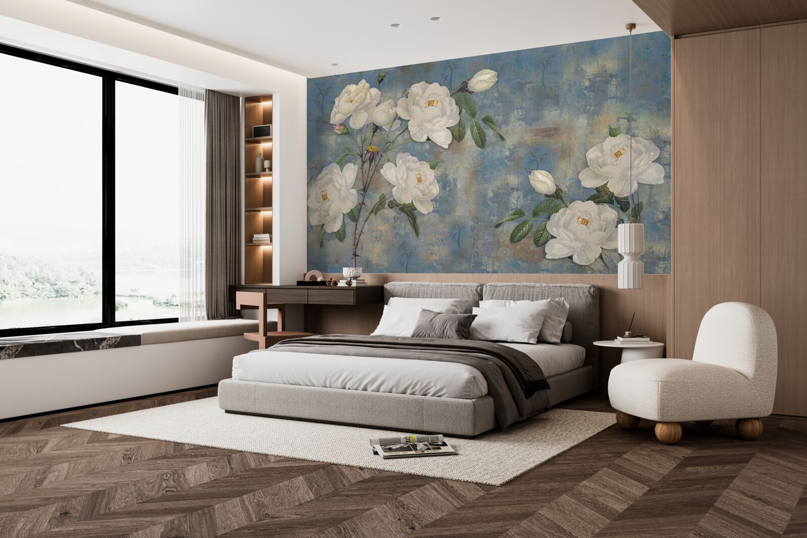 Fototapeta biela ružová na modrom základe