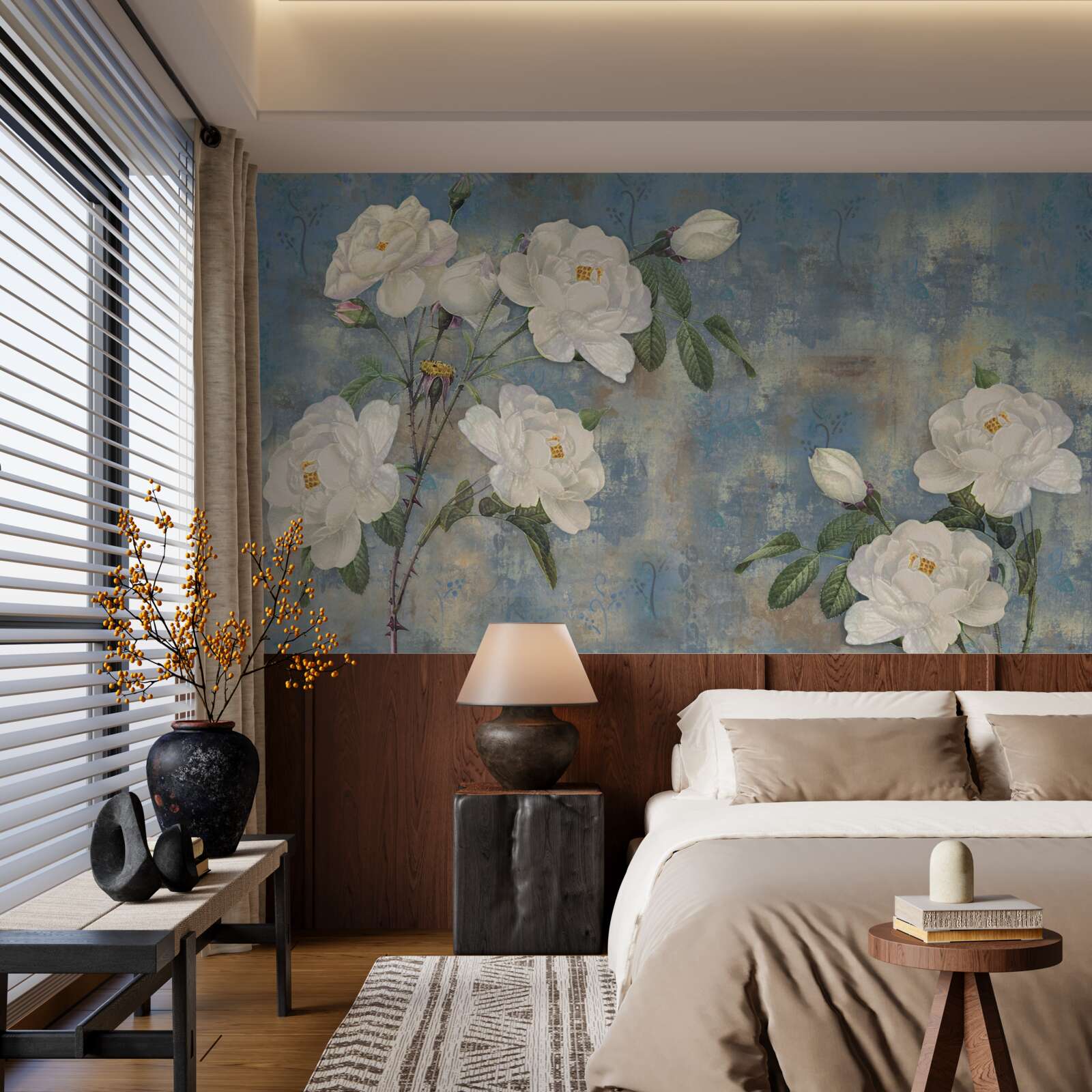 Fototapeta biela ružová na modrom základe