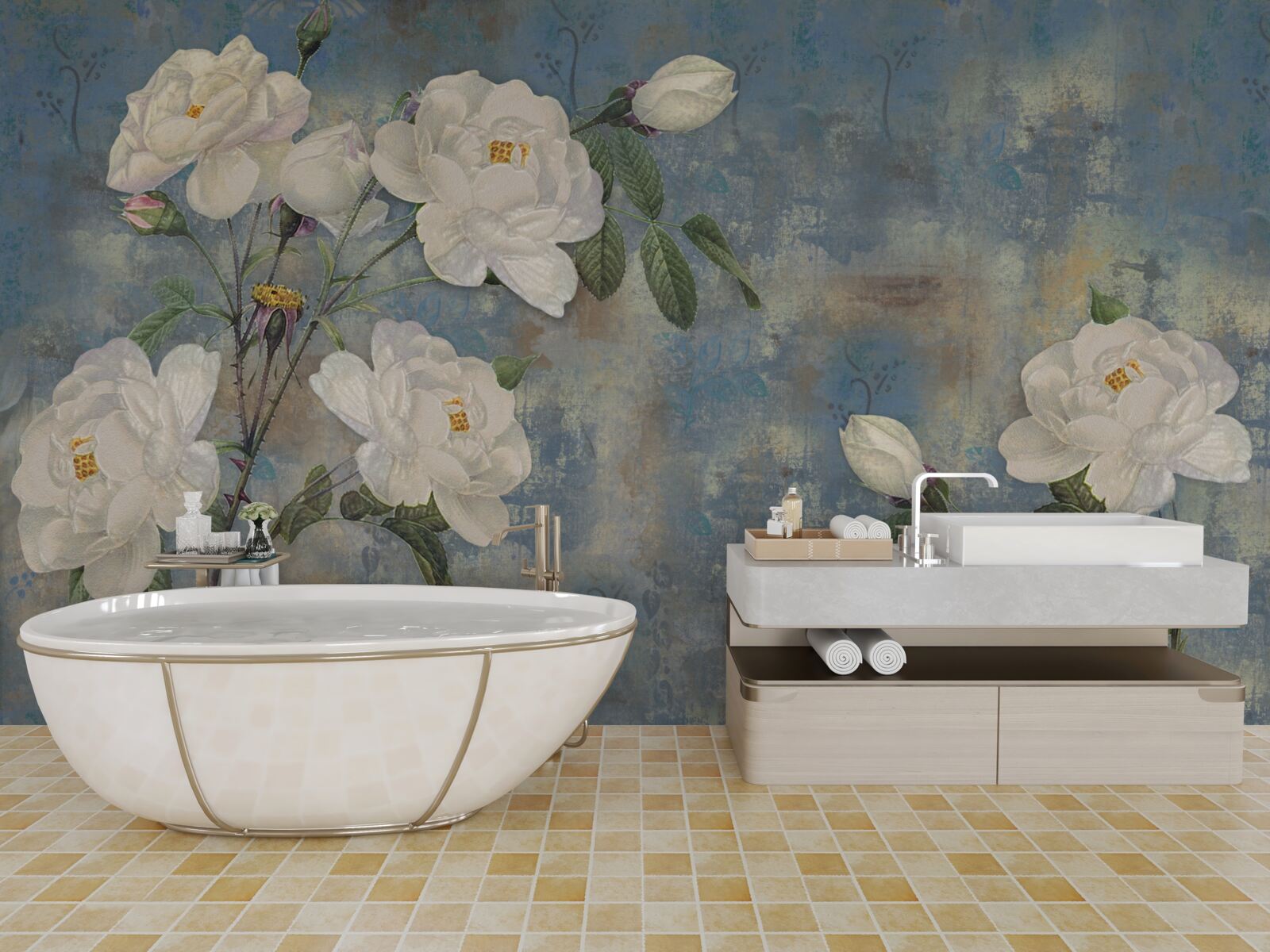 Fototapeta biela ružová na modrom základe