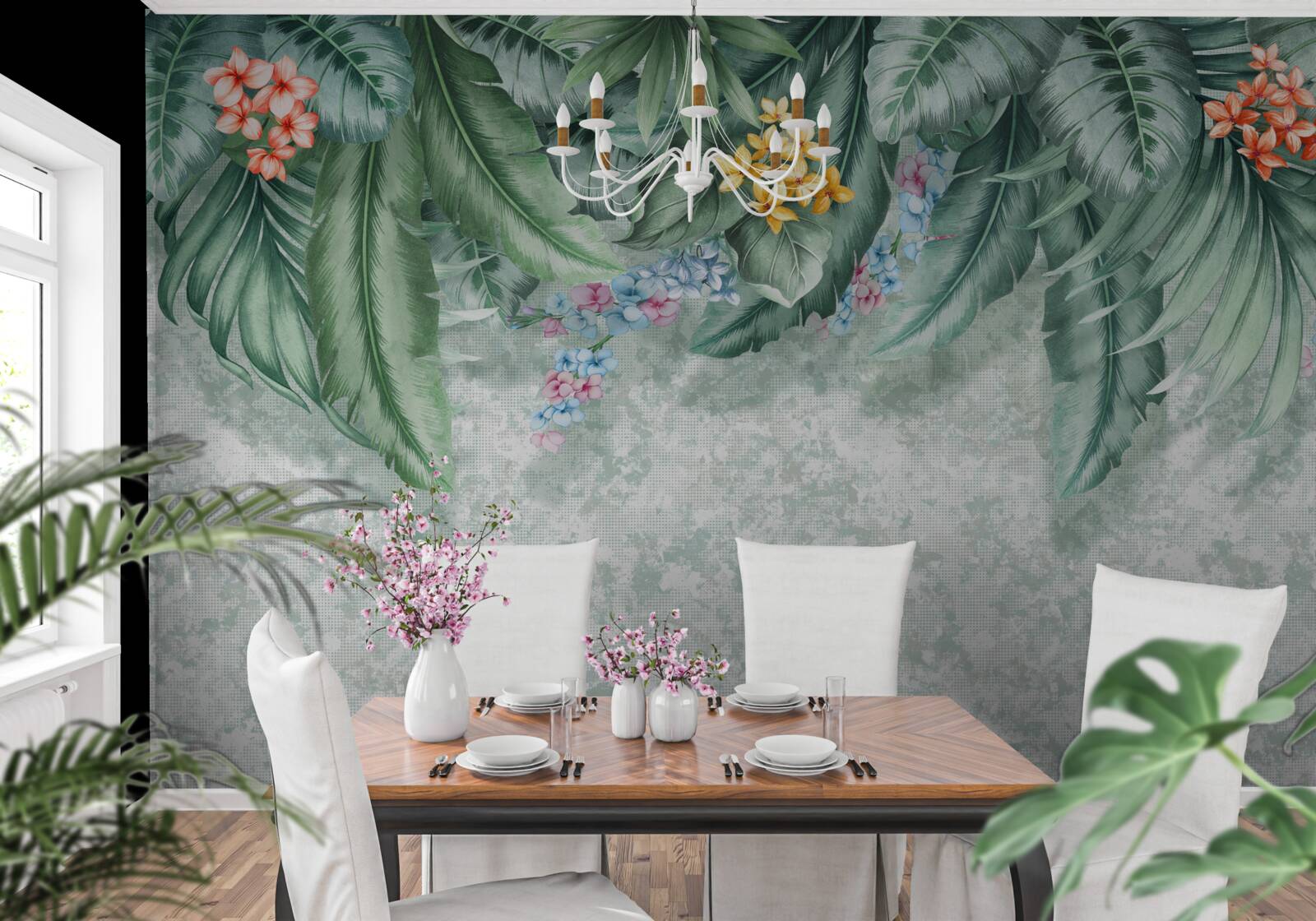 Fototapeta zelené listy zdobené kvetmi