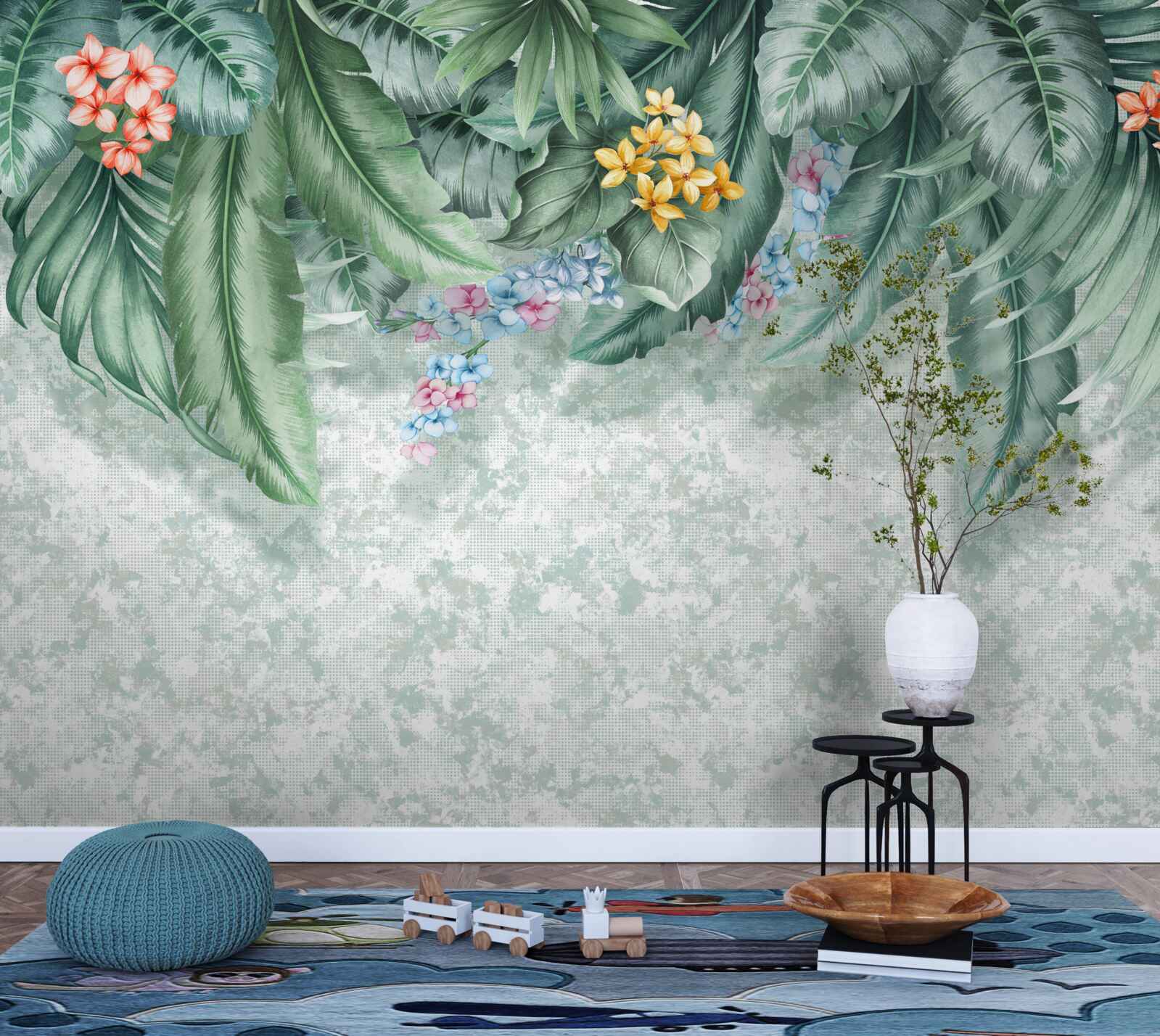 Fototapeta zelené listy zdobené kvetmi