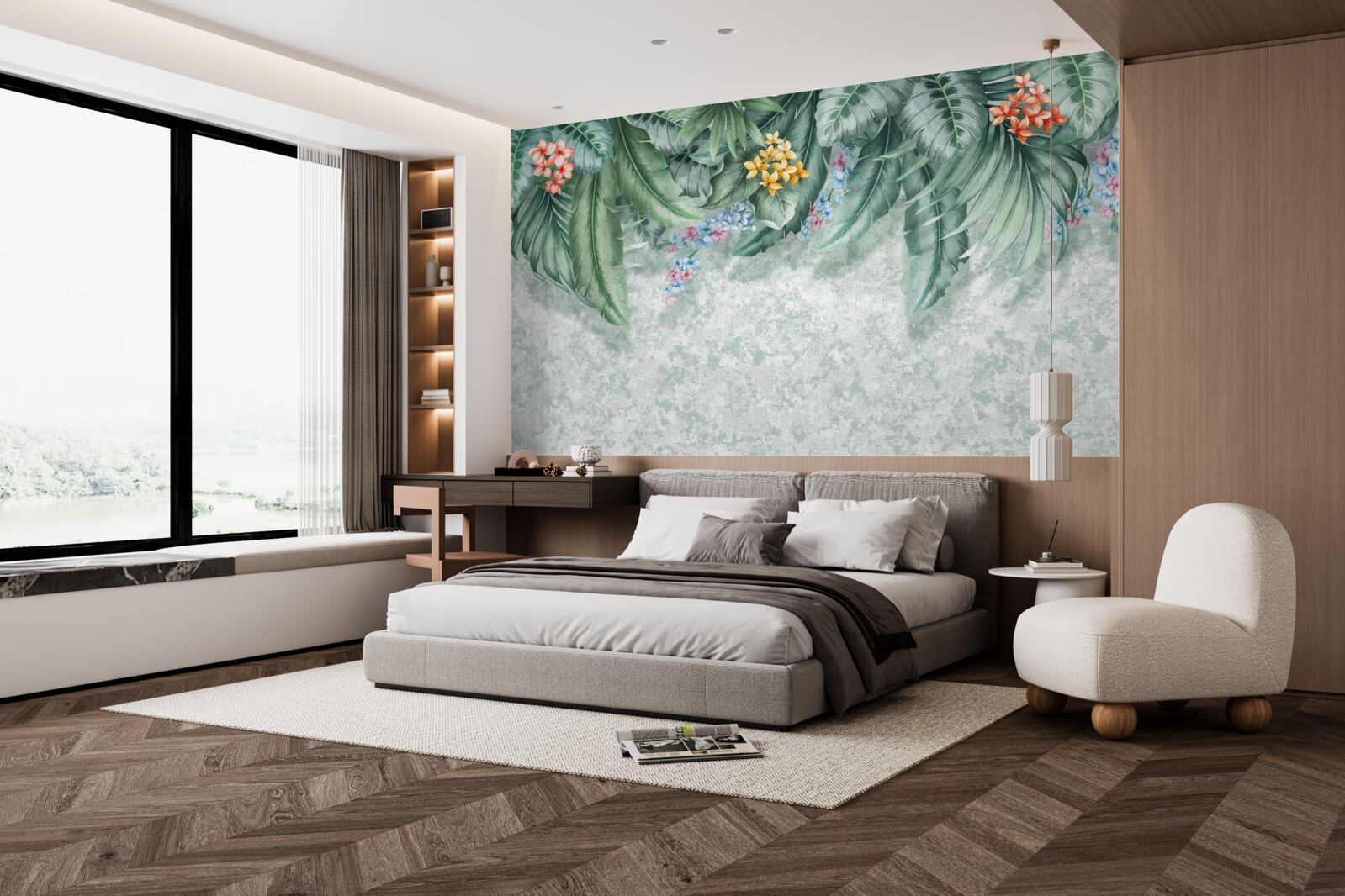 Fototapeta zelené listy zdobené kvetmi