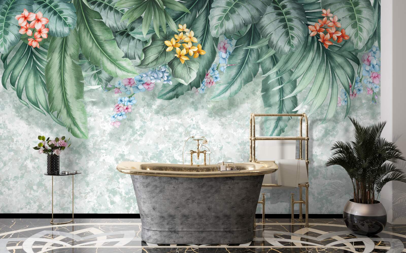 Fototapeta zelené listy zdobené kvetmi