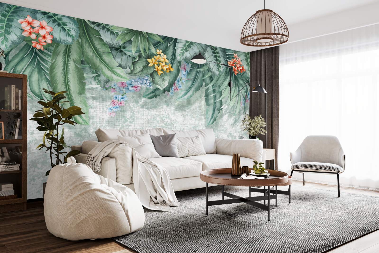 Fototapeta zelené listy zdobené kvetmi