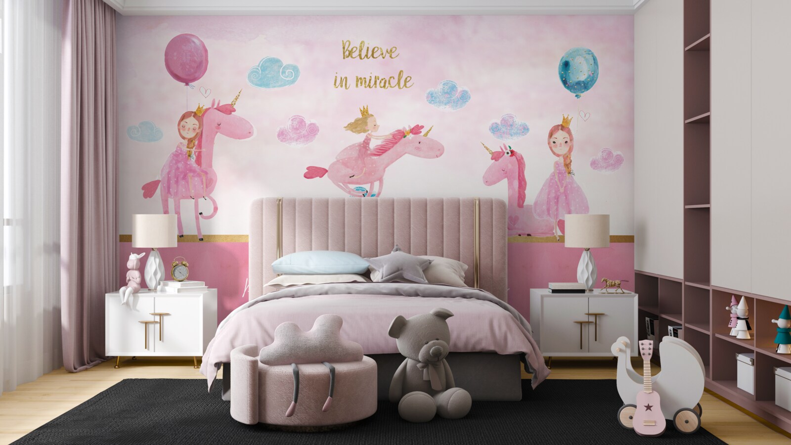 Fototapeta princezná na ružových jednorožcoch