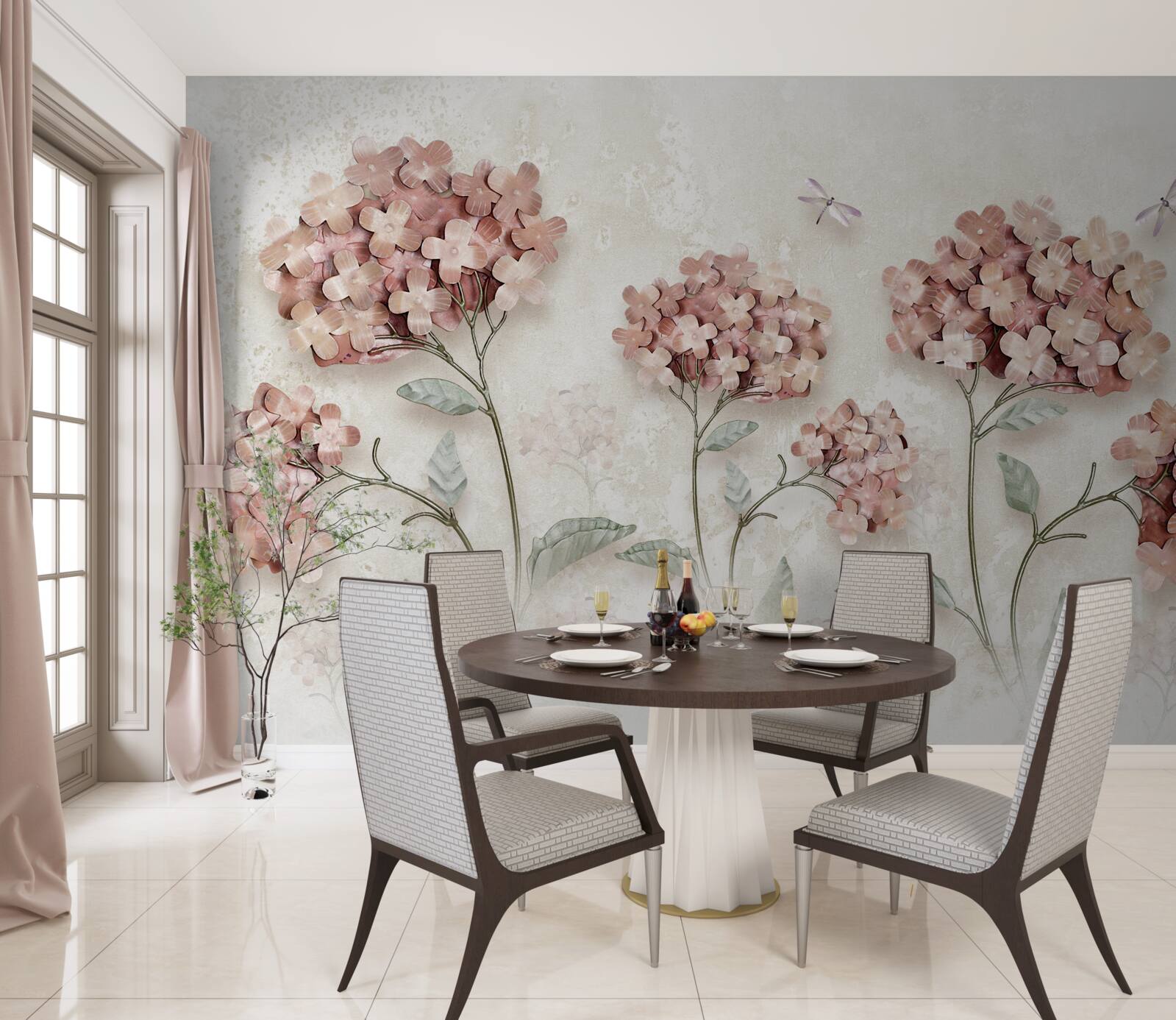 Fototapeta vážky lietajú v blízkosti ružových kvetov