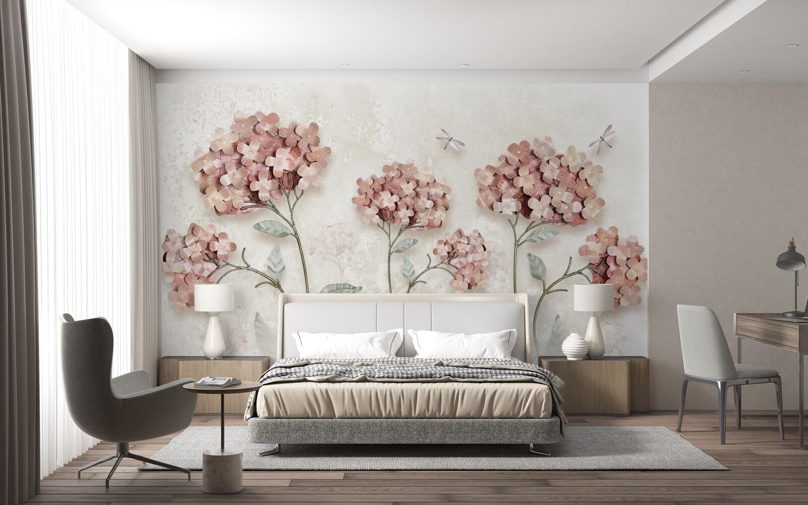 Fototapeta vážky lietajú v blízkosti ružových kvetov