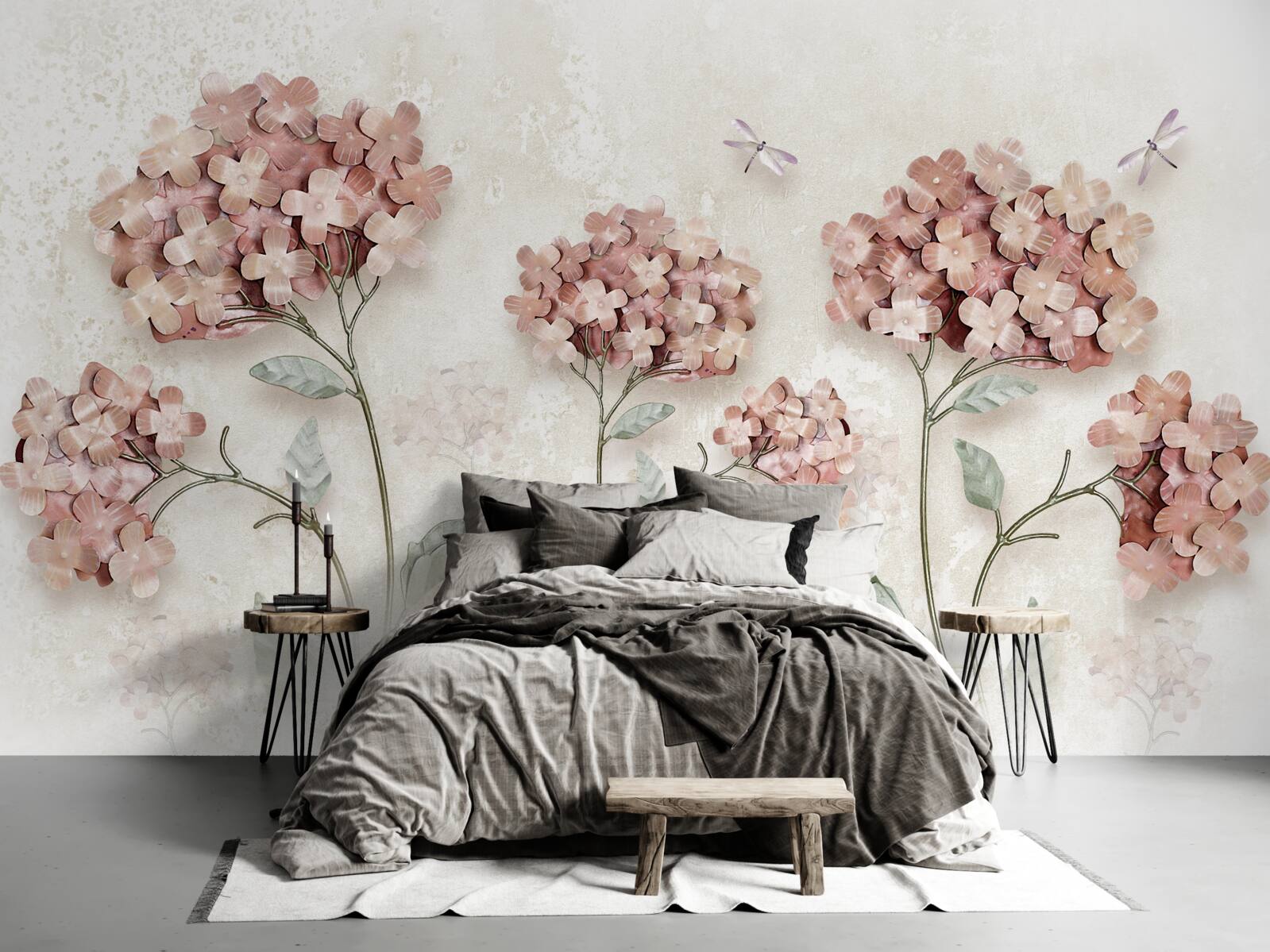 Fototapeta vážky lietajú v blízkosti ružových kvetov