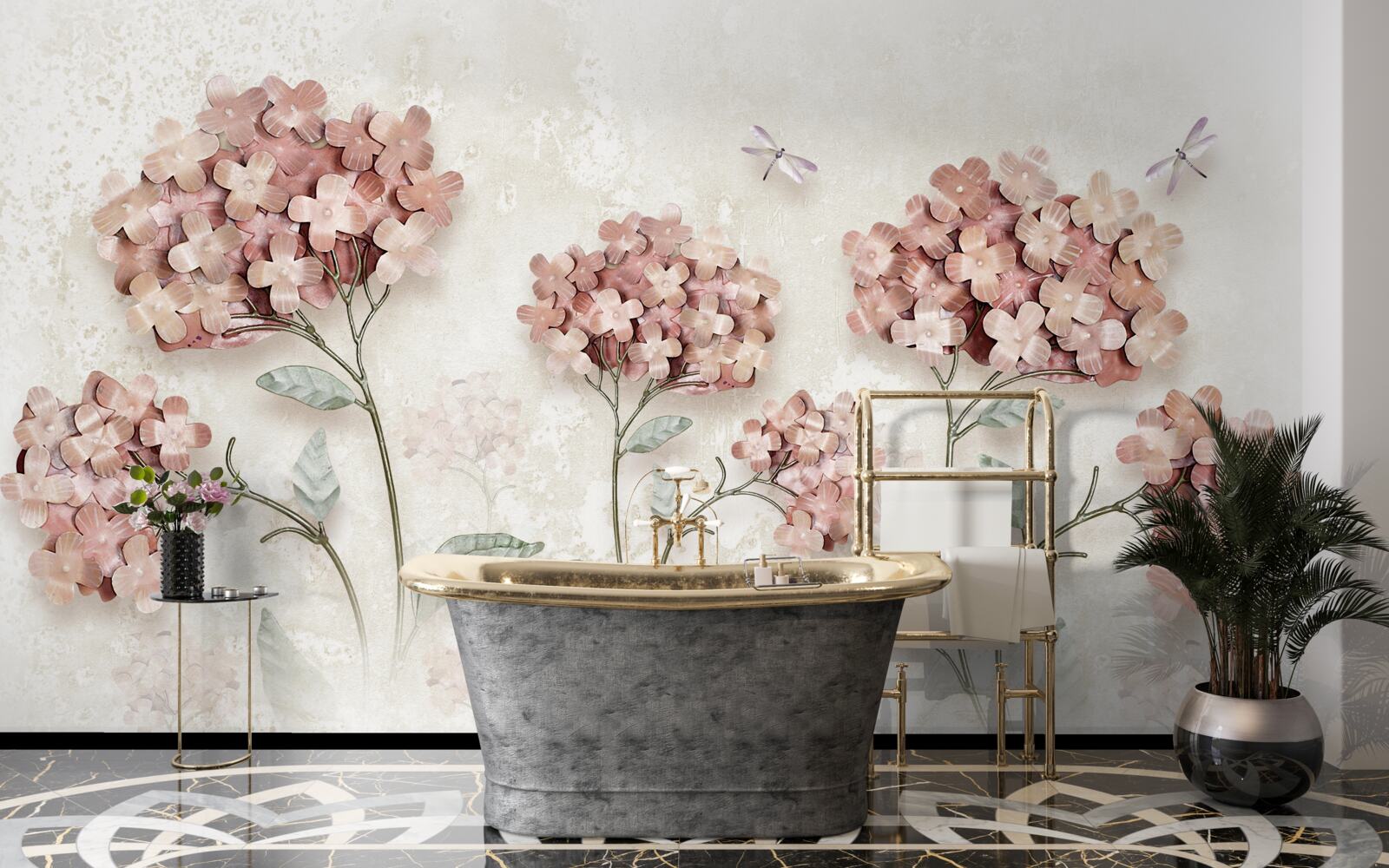 Fototapeta vážky lietajú v blízkosti ružových kvetov