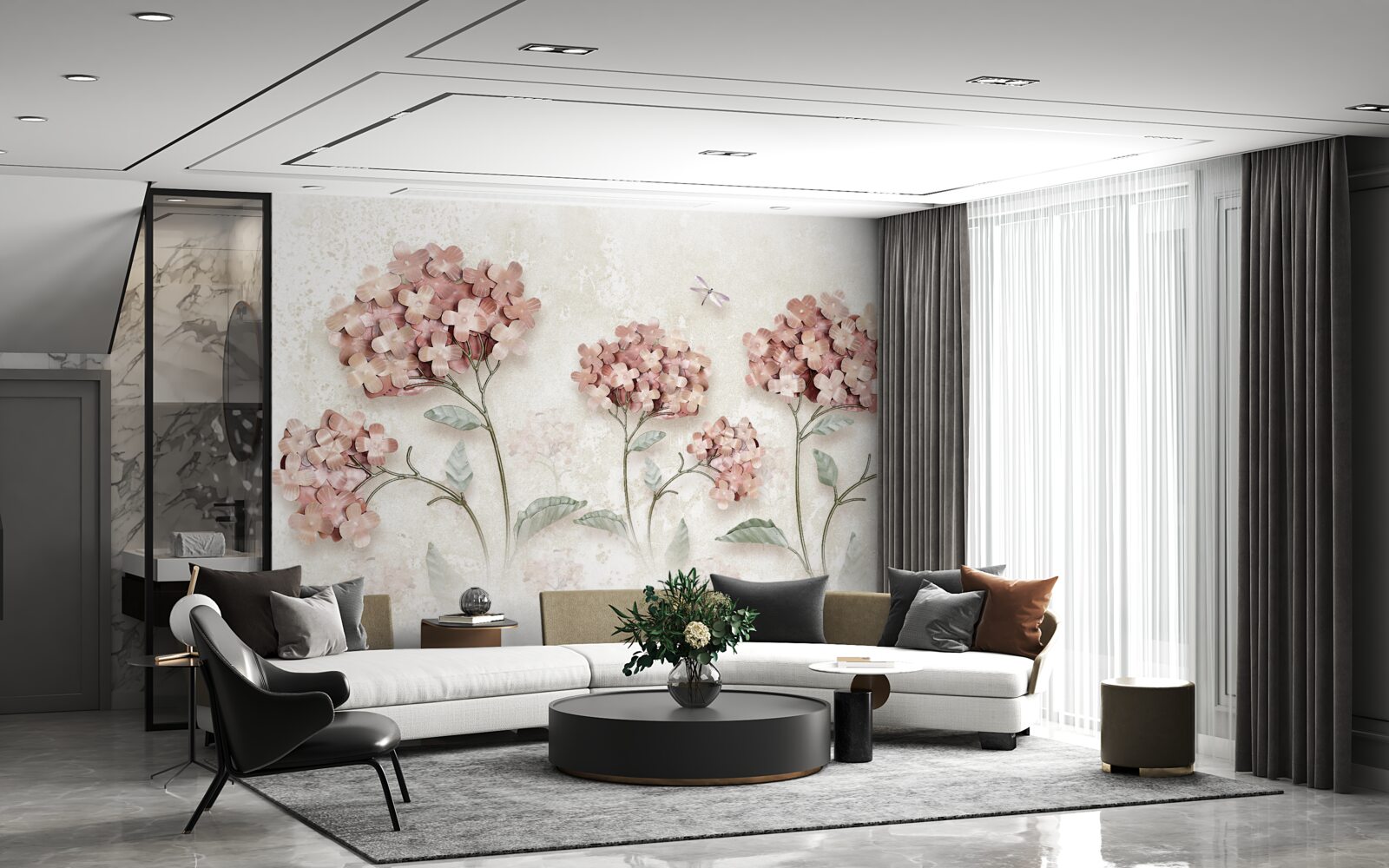 Fototapeta vážky lietajú v blízkosti ružových kvetov