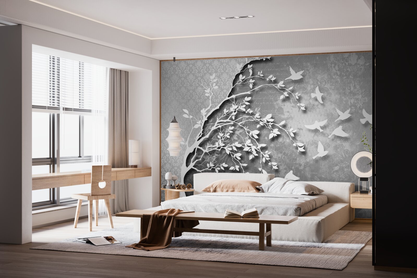 Fototapeta obrys pôvabných stromov a vtákov