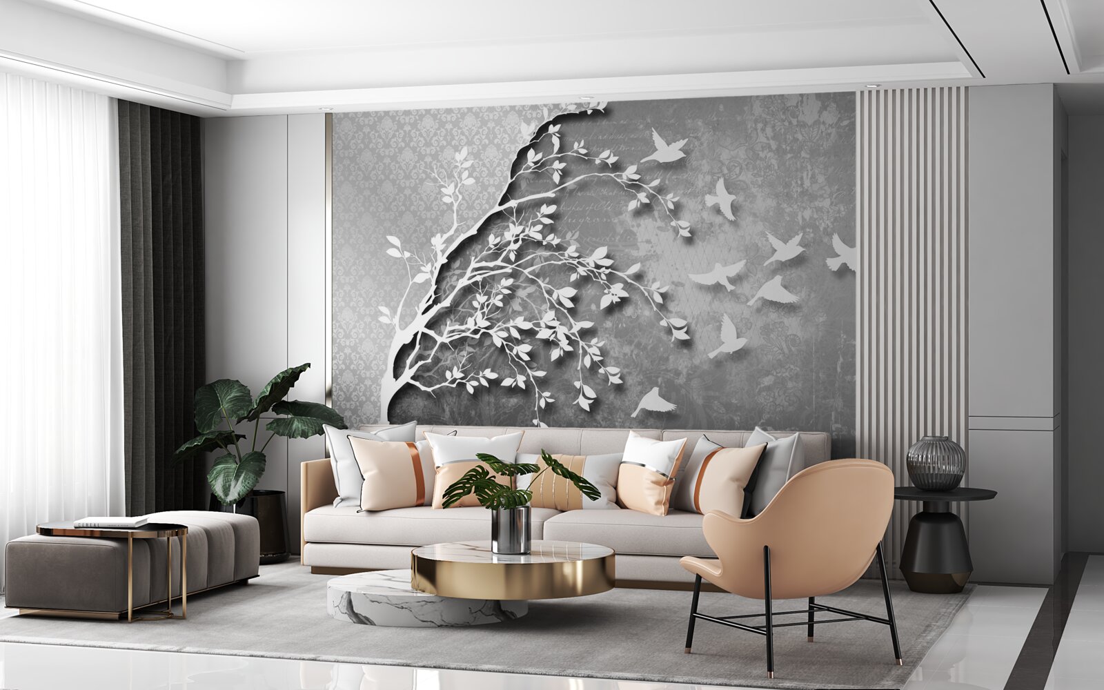 Fototapeta obrys pôvabných stromov a vtákov