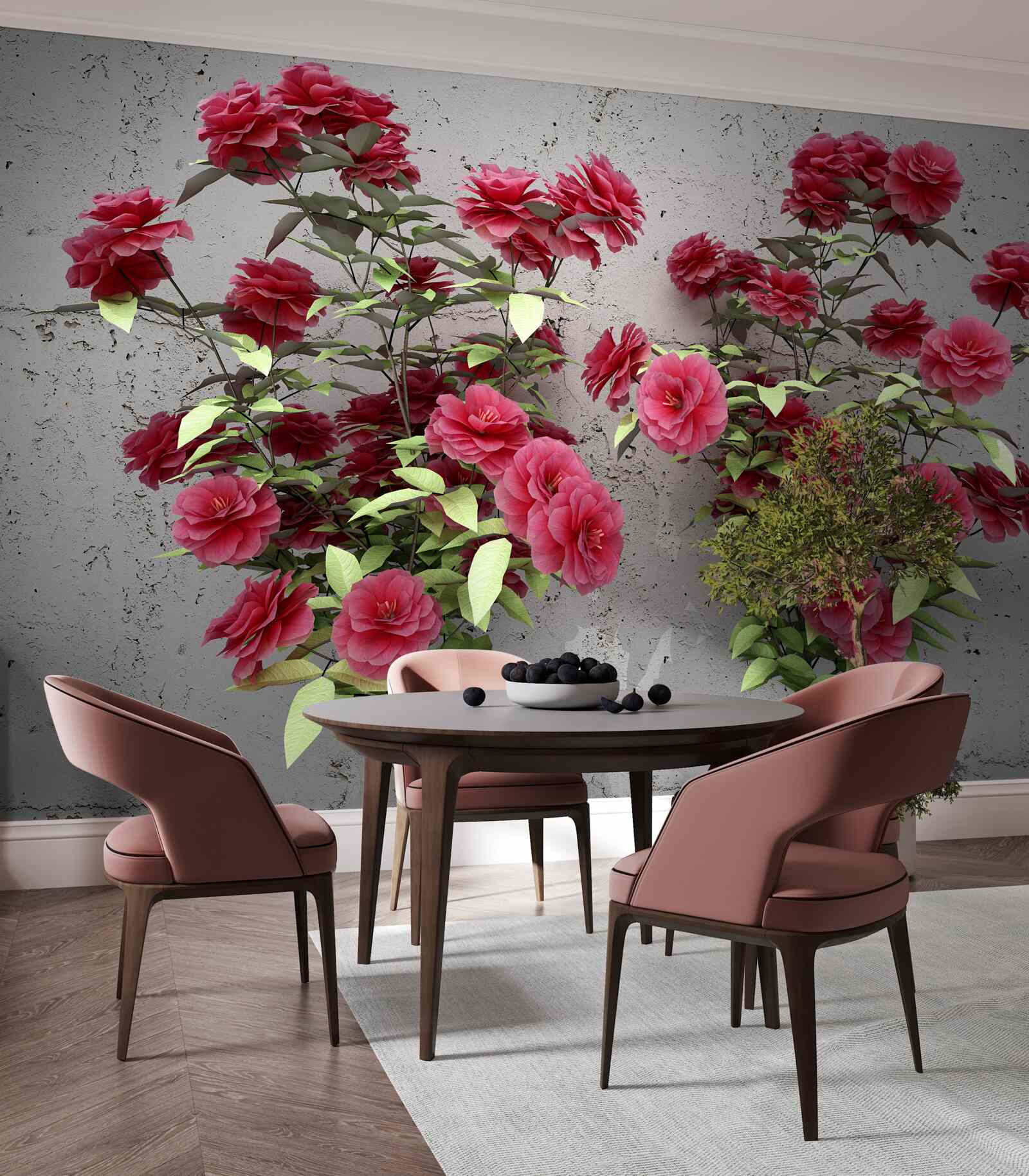 Fototapeta Ružové kvety so zelenými listami