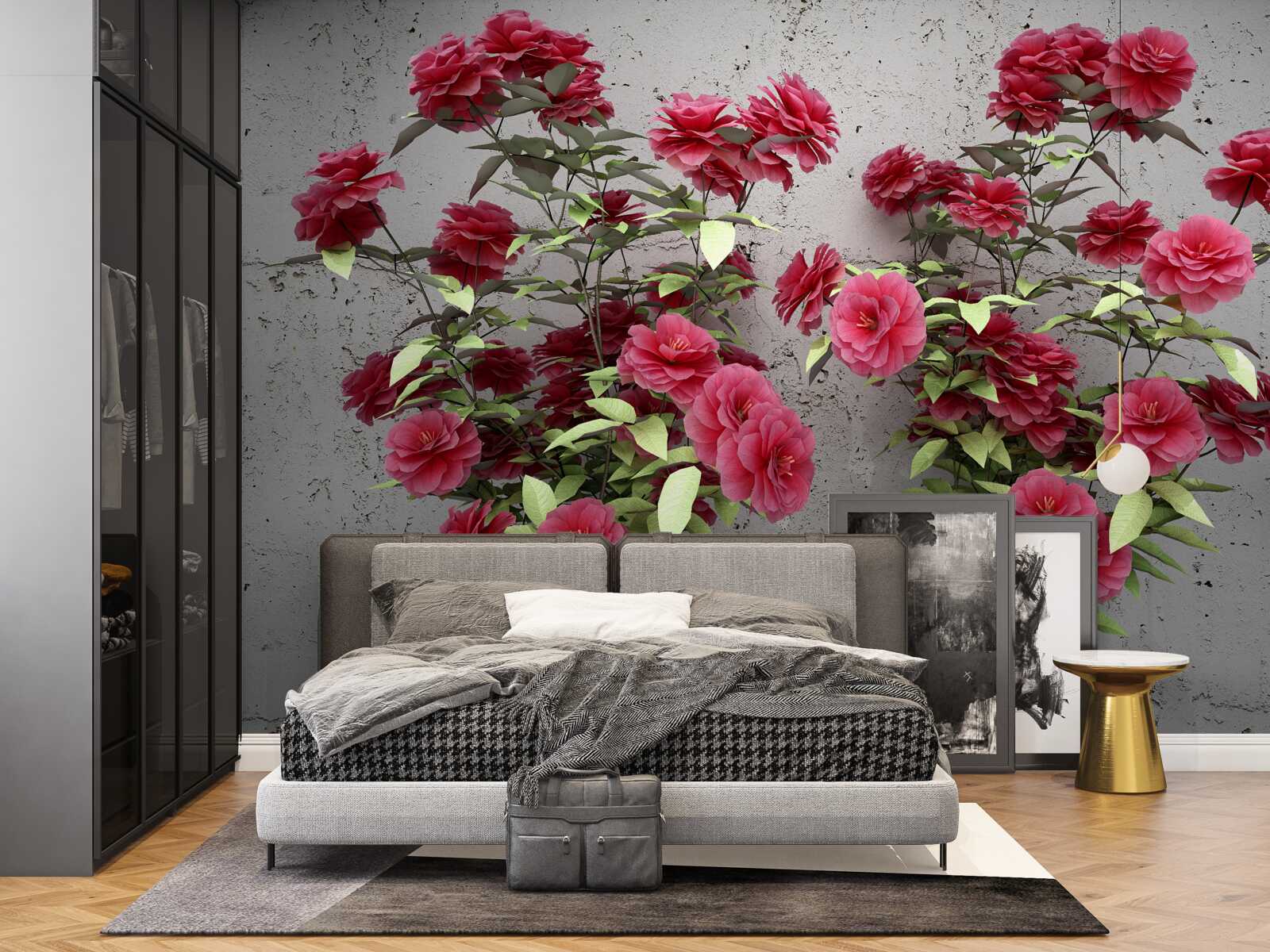 Fototapeta Ružové kvety so zelenými listami