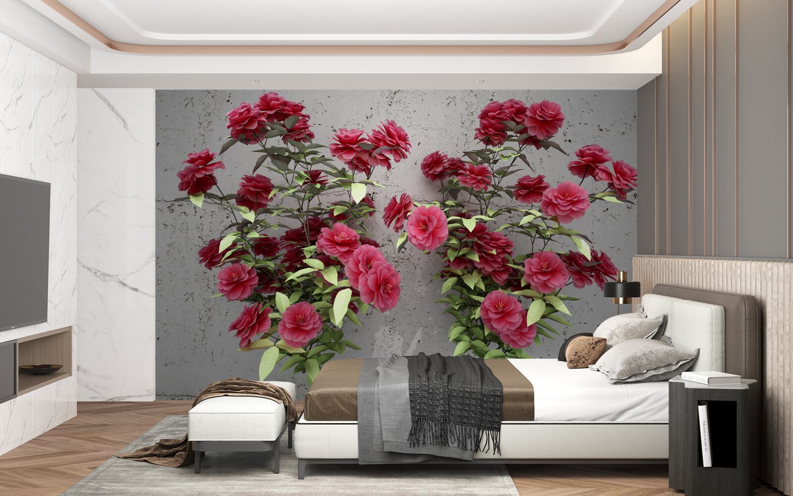 Fototapeta Ružové kvety so zelenými listami