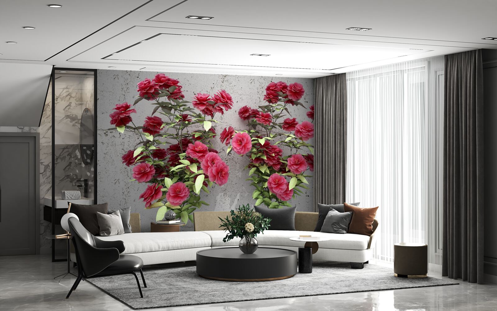 Fototapeta Ružové kvety so zelenými listami