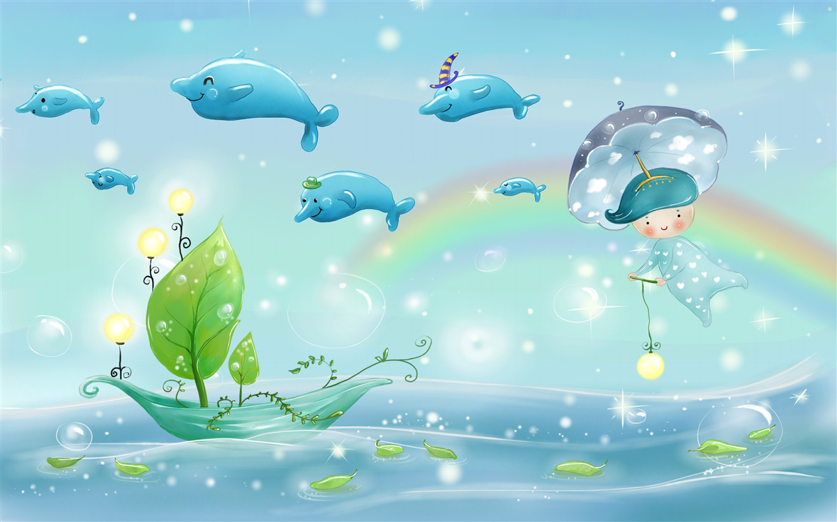 Fototapeta dieťa s dáždnikom lieta s delfínmi nad vodnou hladinou