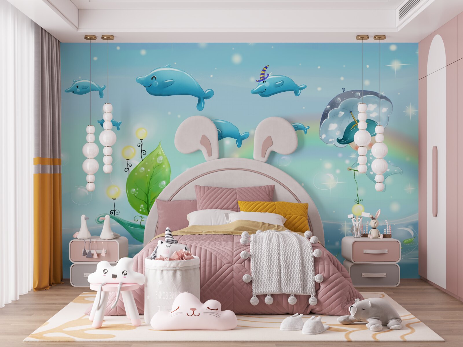 Fototapeta dieťa s dáždnikom lieta s delfínmi nad vodnou hladinou