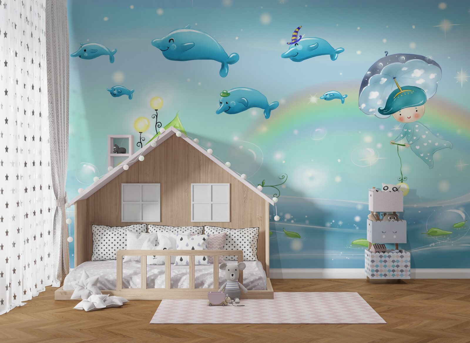 Fototapeta dieťa s dáždnikom lieta s delfínmi nad vodnou hladinou