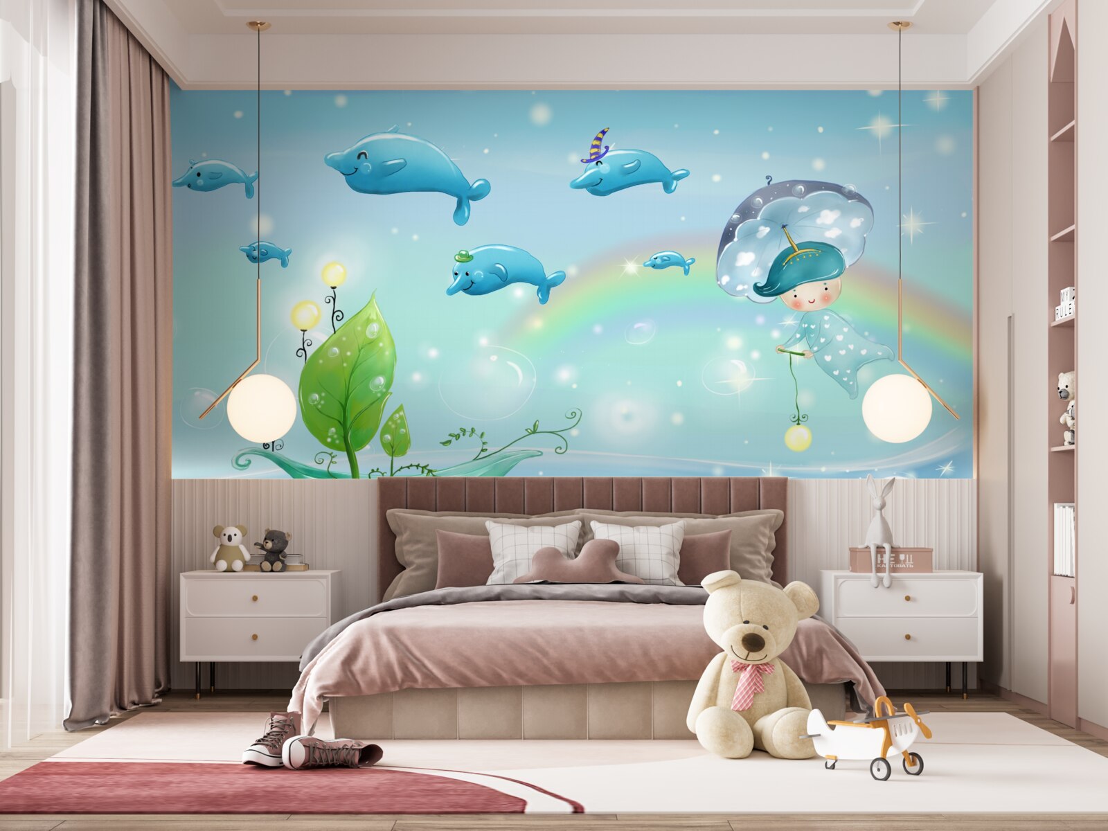 Fototapeta dieťa s dáždnikom lieta s delfínmi nad vodnou hladinou