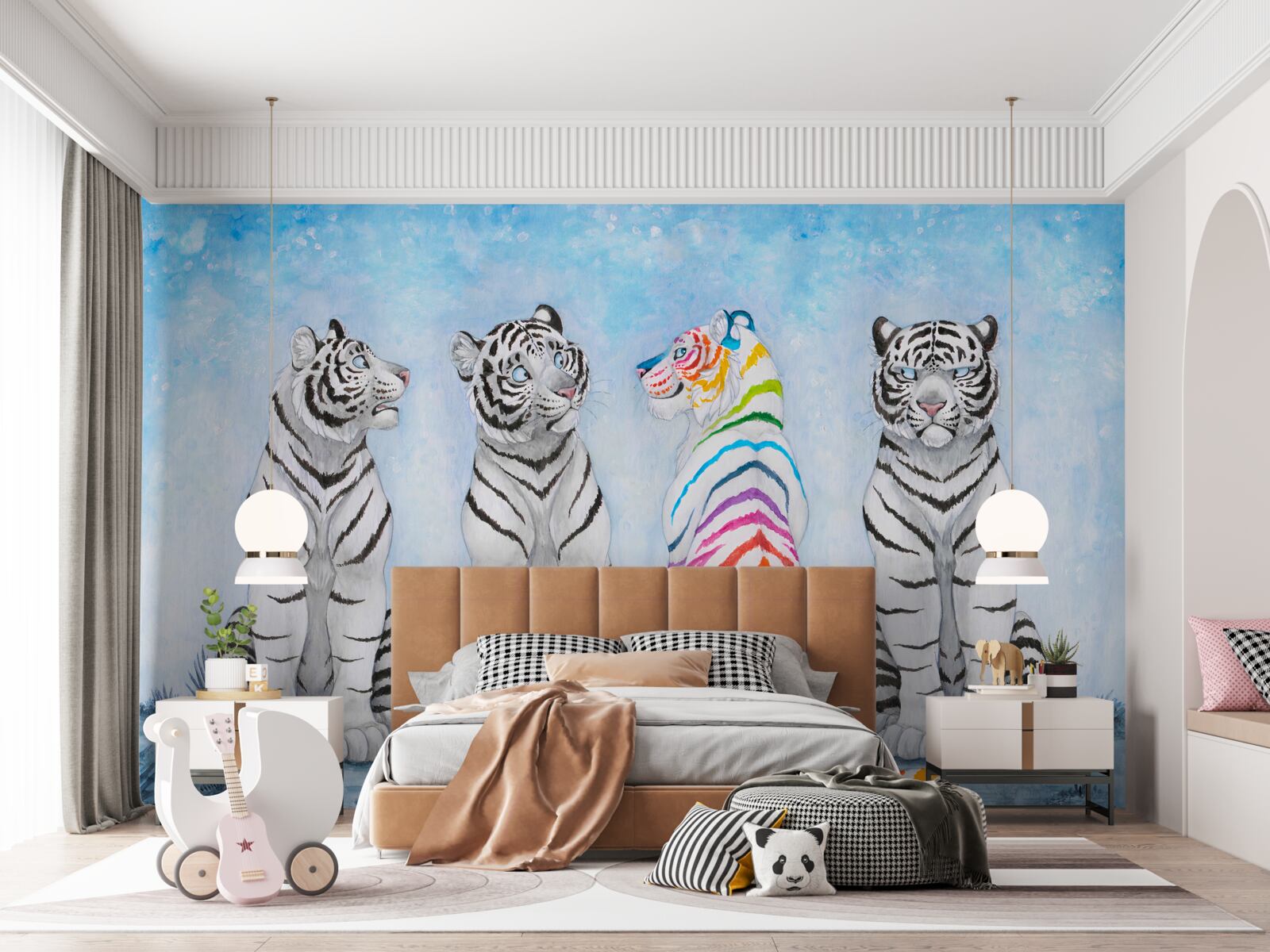 Fototapeta jeden tiger škvrnitý a tri biele tigre