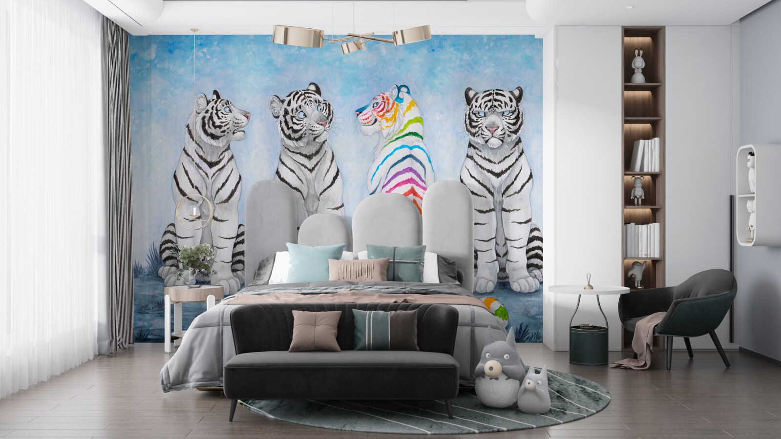 Fototapeta jeden tiger škvrnitý a tri biele tigre