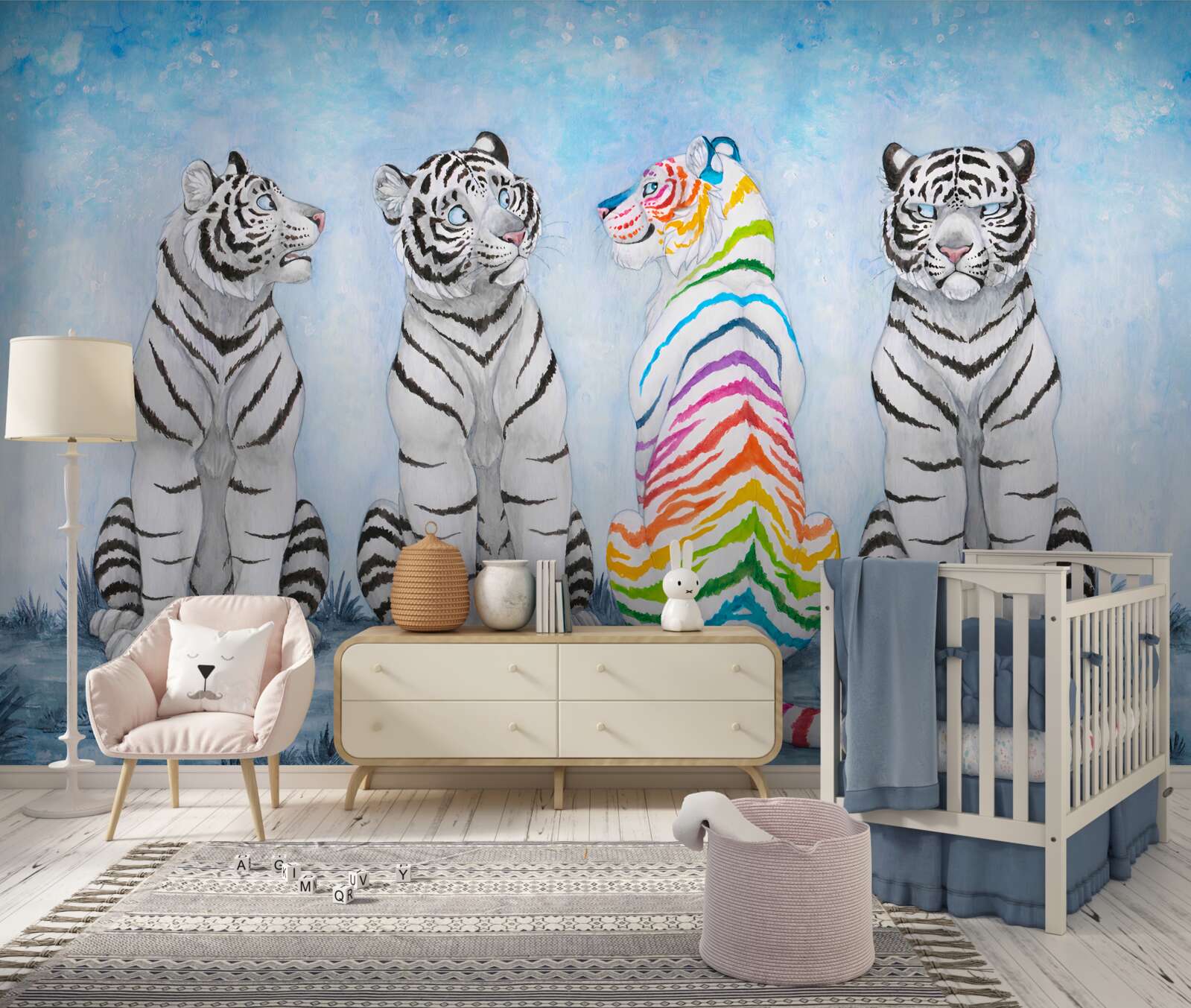 Fototapeta jeden tiger škvrnitý a tri biele tigre