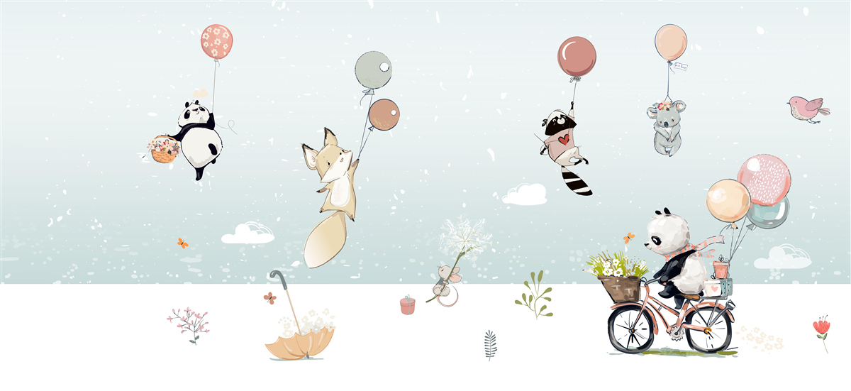 Fototapeta Zvieratá plávajú na balónoch a jazdia pandy na bicykloch