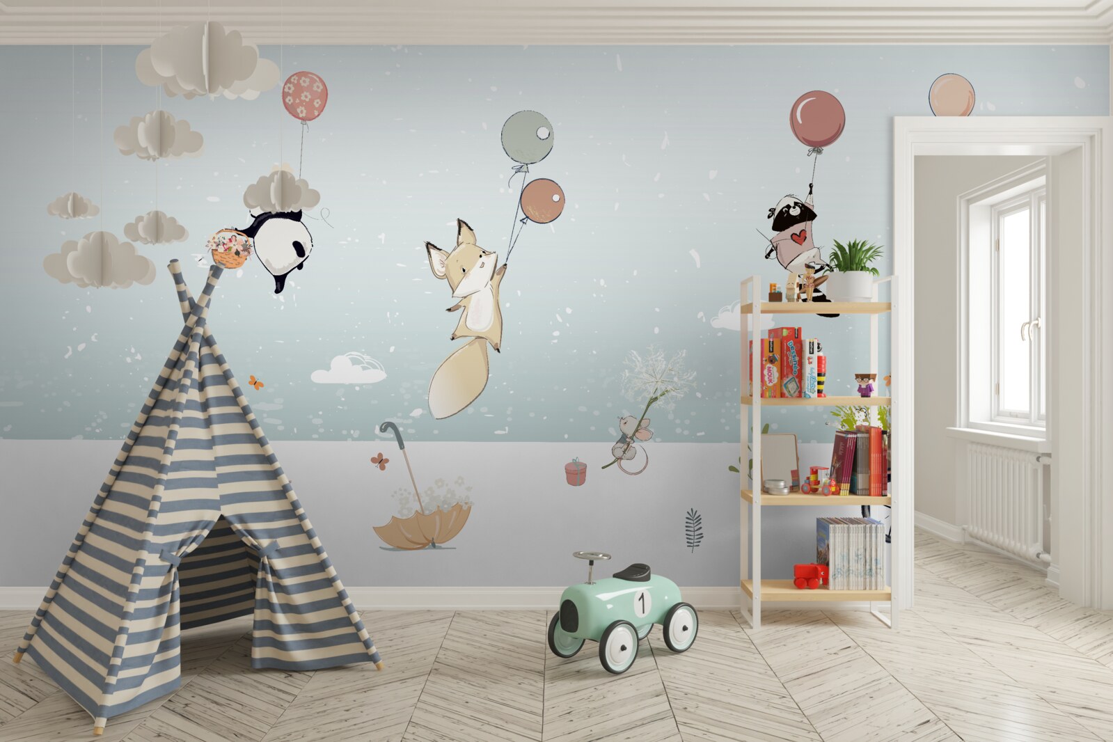 Fototapeta Zvieratá plávajú na balónoch a jazdia pandy na bicykloch