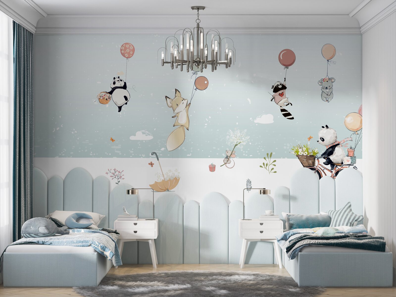 Fototapeta Zvieratá plávajú na balónoch a jazdia pandy na bicykloch