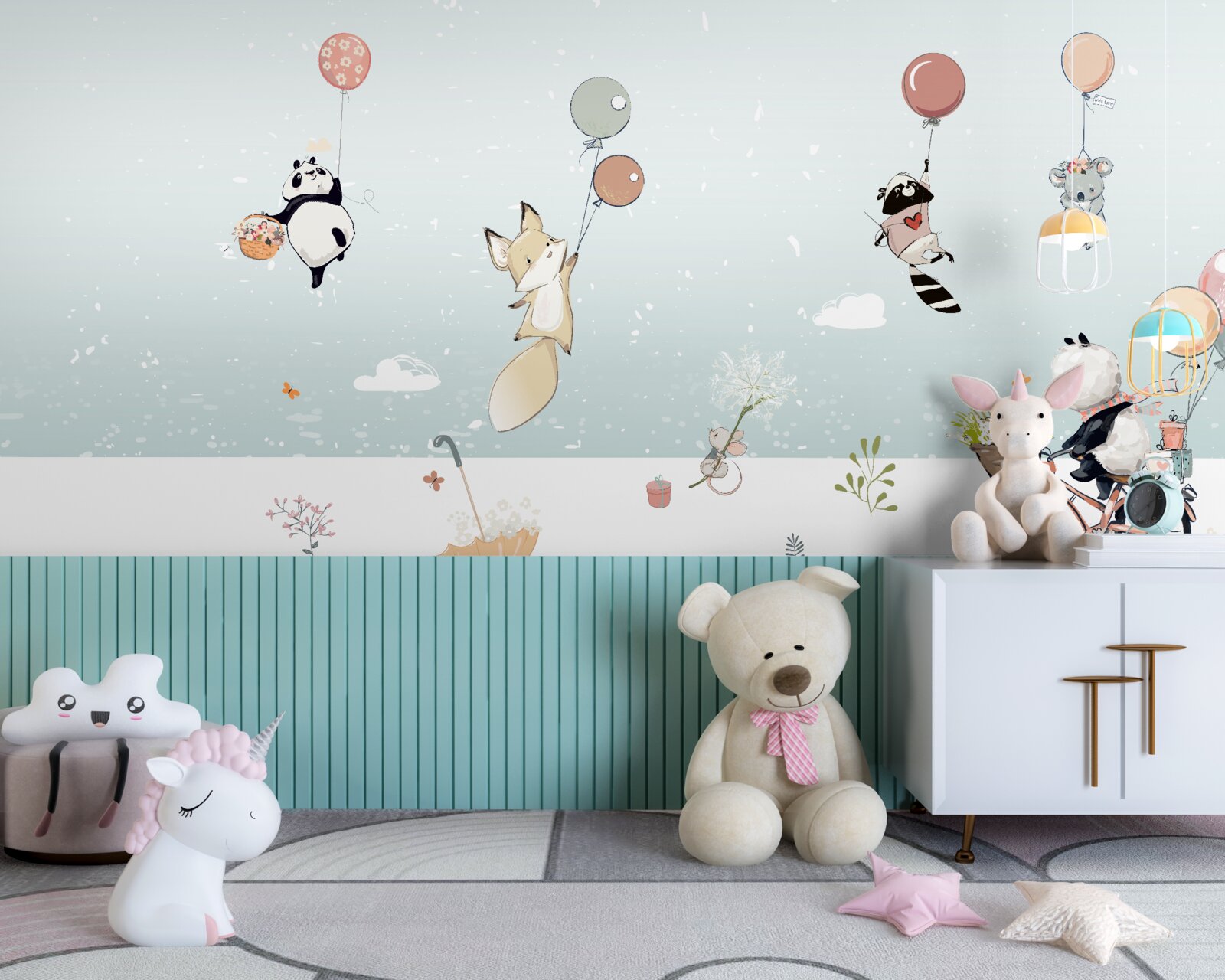 Fototapeta Zvieratá plávajú na balónoch a jazdia pandy na bicykloch