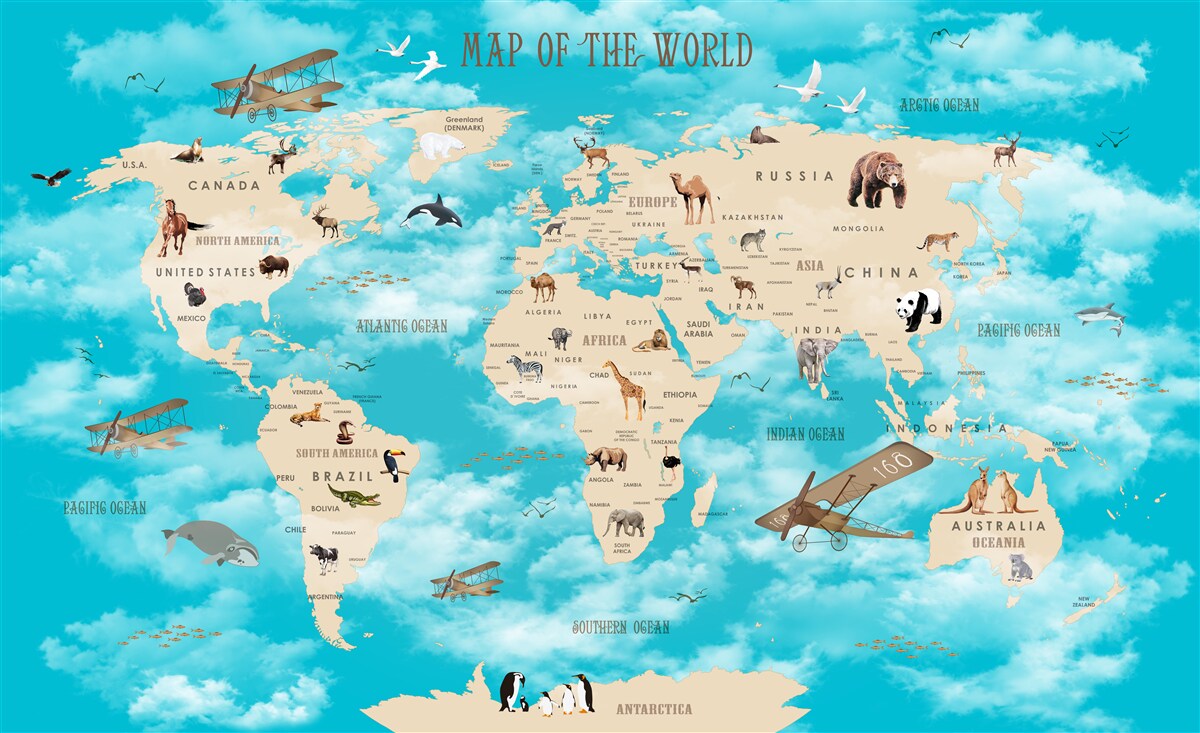 Fototapeta mapa sveta s detailom mi na tyrkysovom pozadí