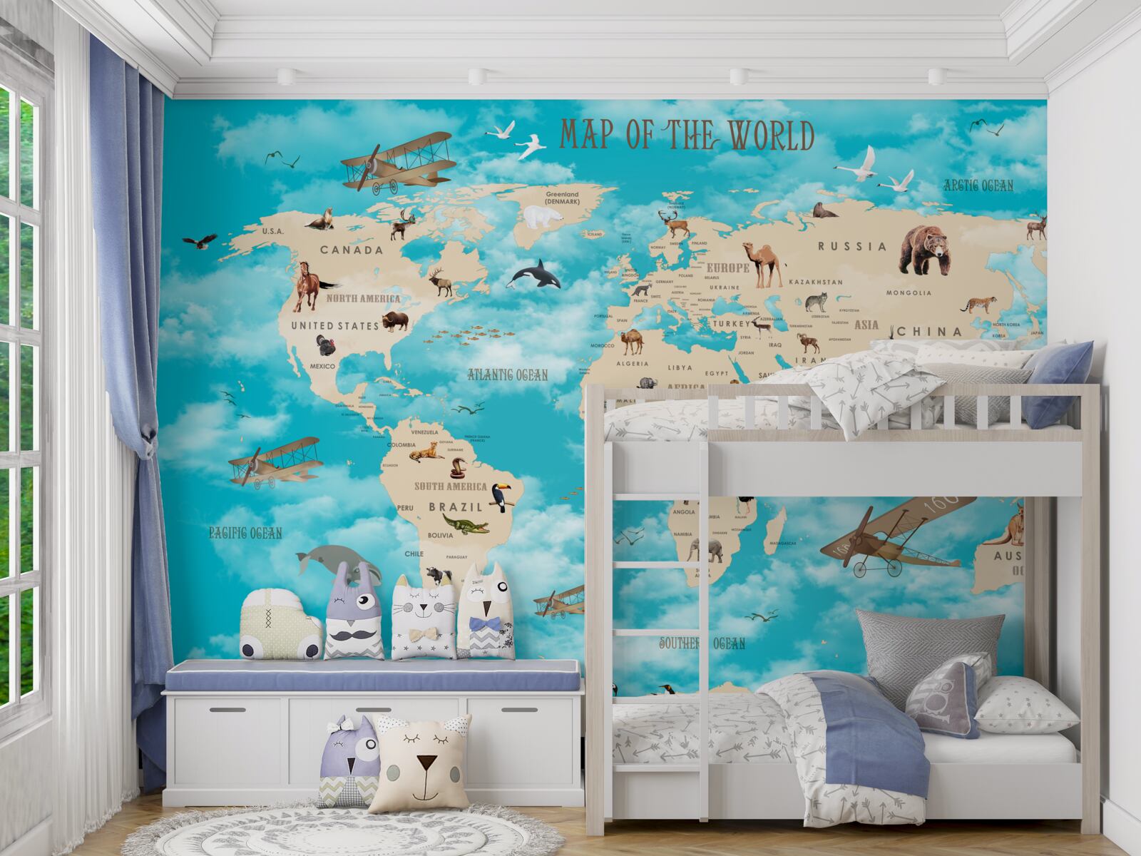 Fototapeta mapa sveta s detailom mi na tyrkysovom pozadí