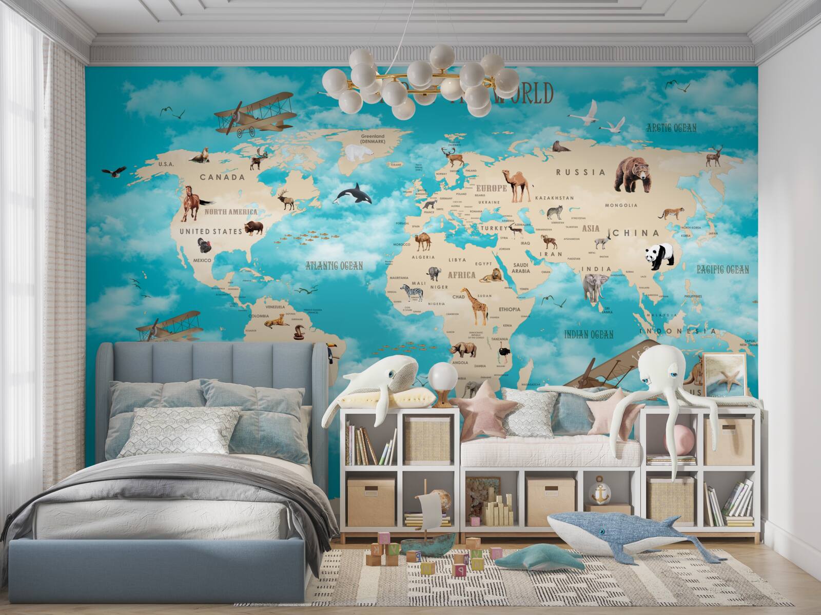 Fototapeta mapa sveta s detailom mi na tyrkysovom pozadí