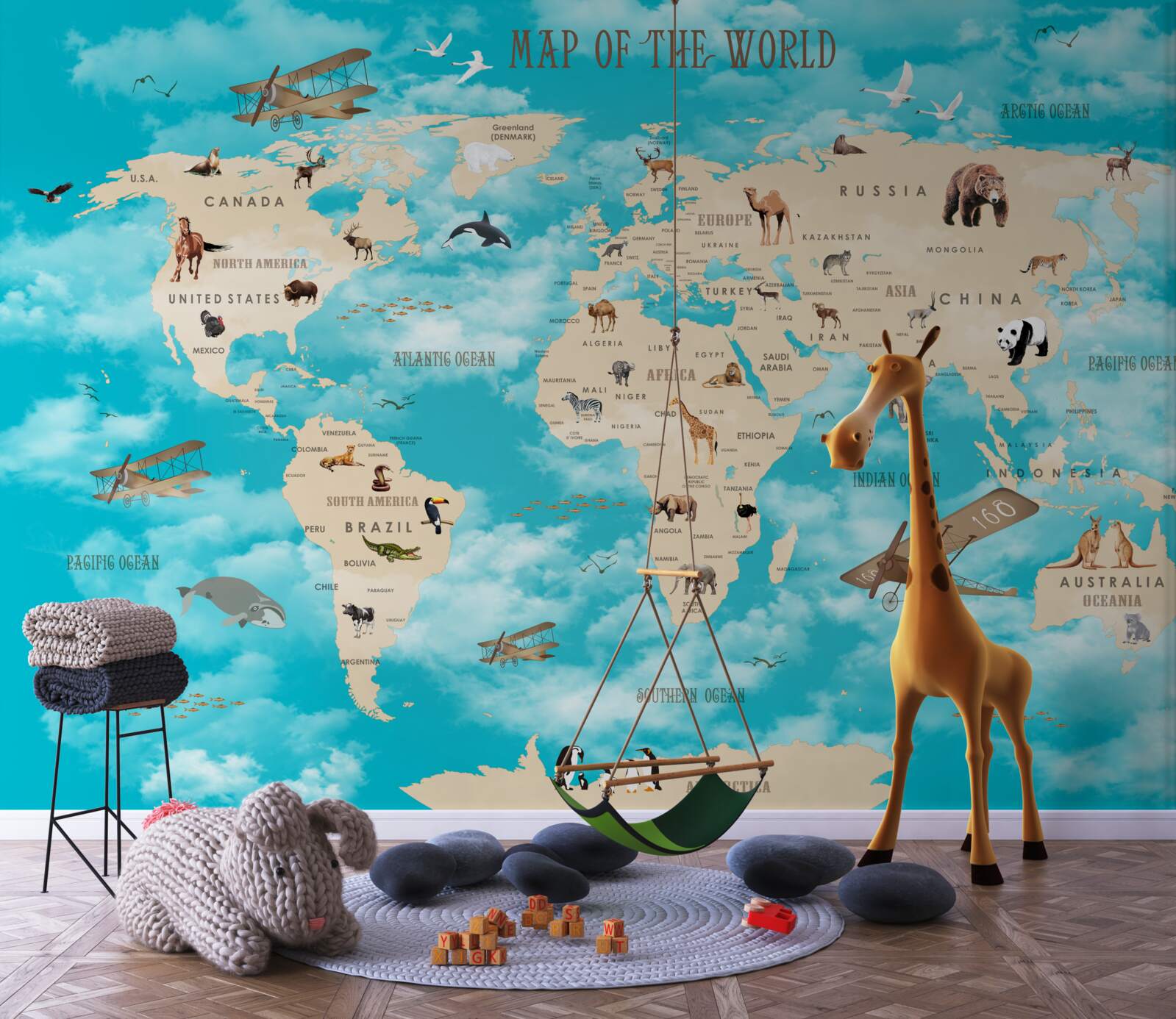 Fototapeta mapa sveta s detailom mi na tyrkysovom pozadí