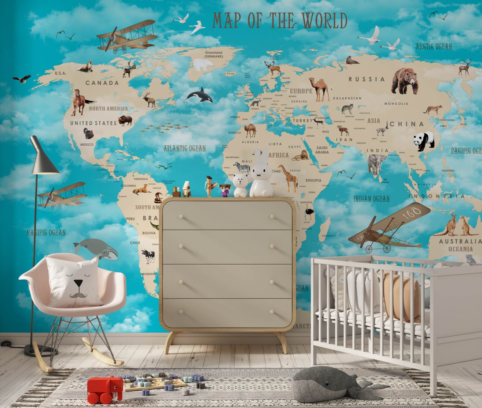 Fototapeta mapa sveta s detailom mi na tyrkysovom pozadí